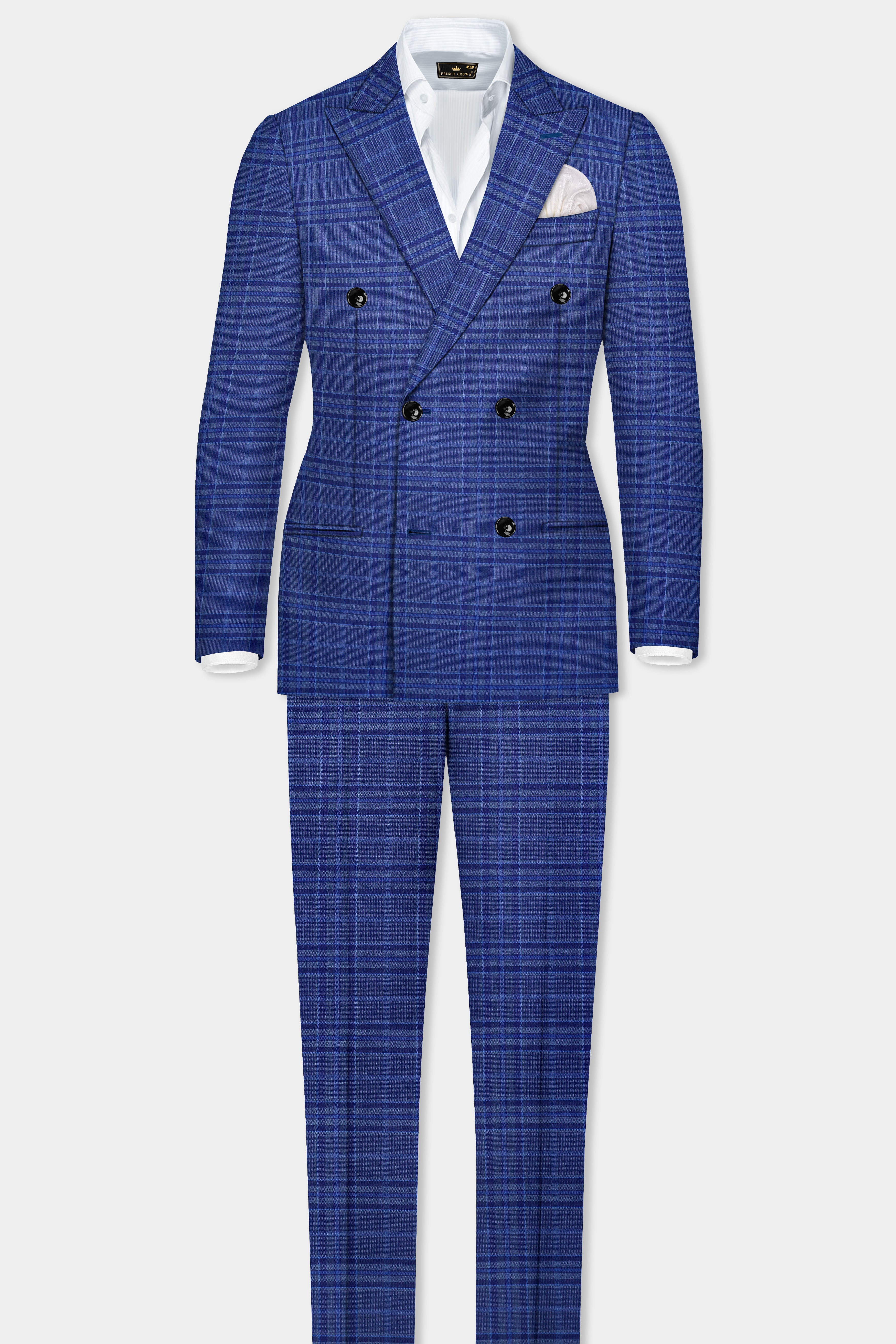 Chambray Blue Plaid Wool Rich Double Breasted Suit