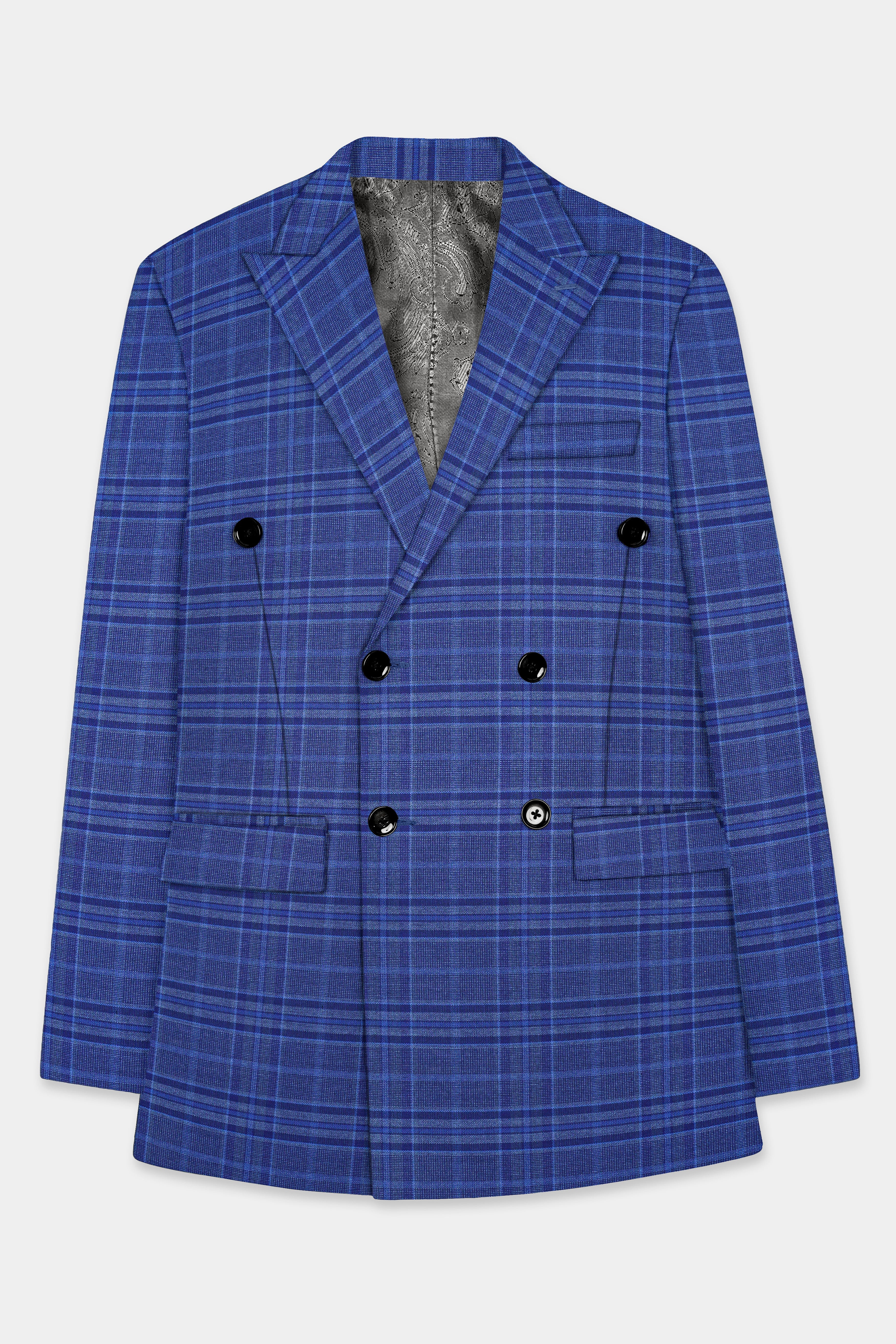 Chambray Blue Plaid Wool Rich Double Breasted Suit