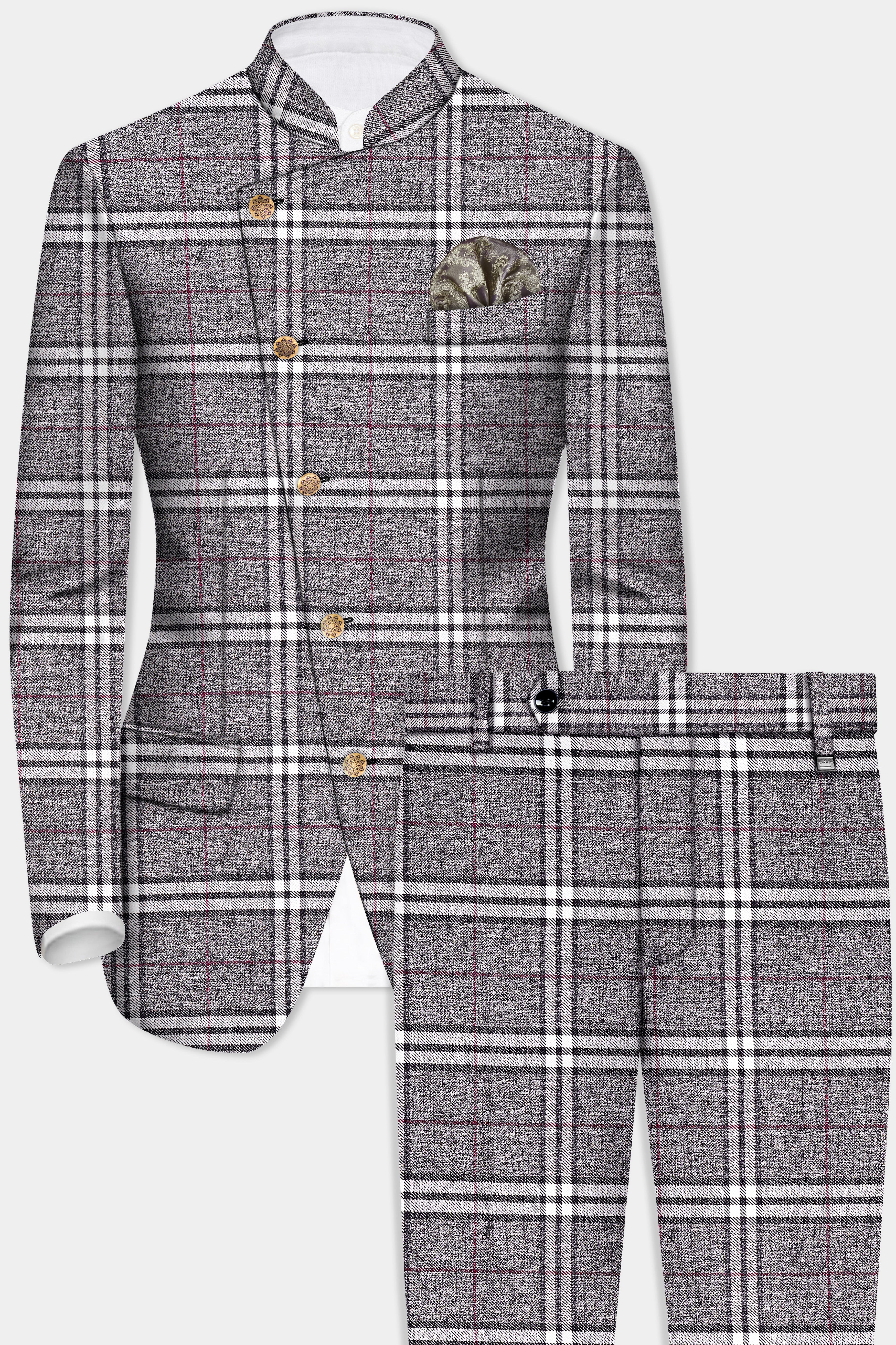 Granite Gray Plaid Wool Rich Cross Placket Bandhgala Suit