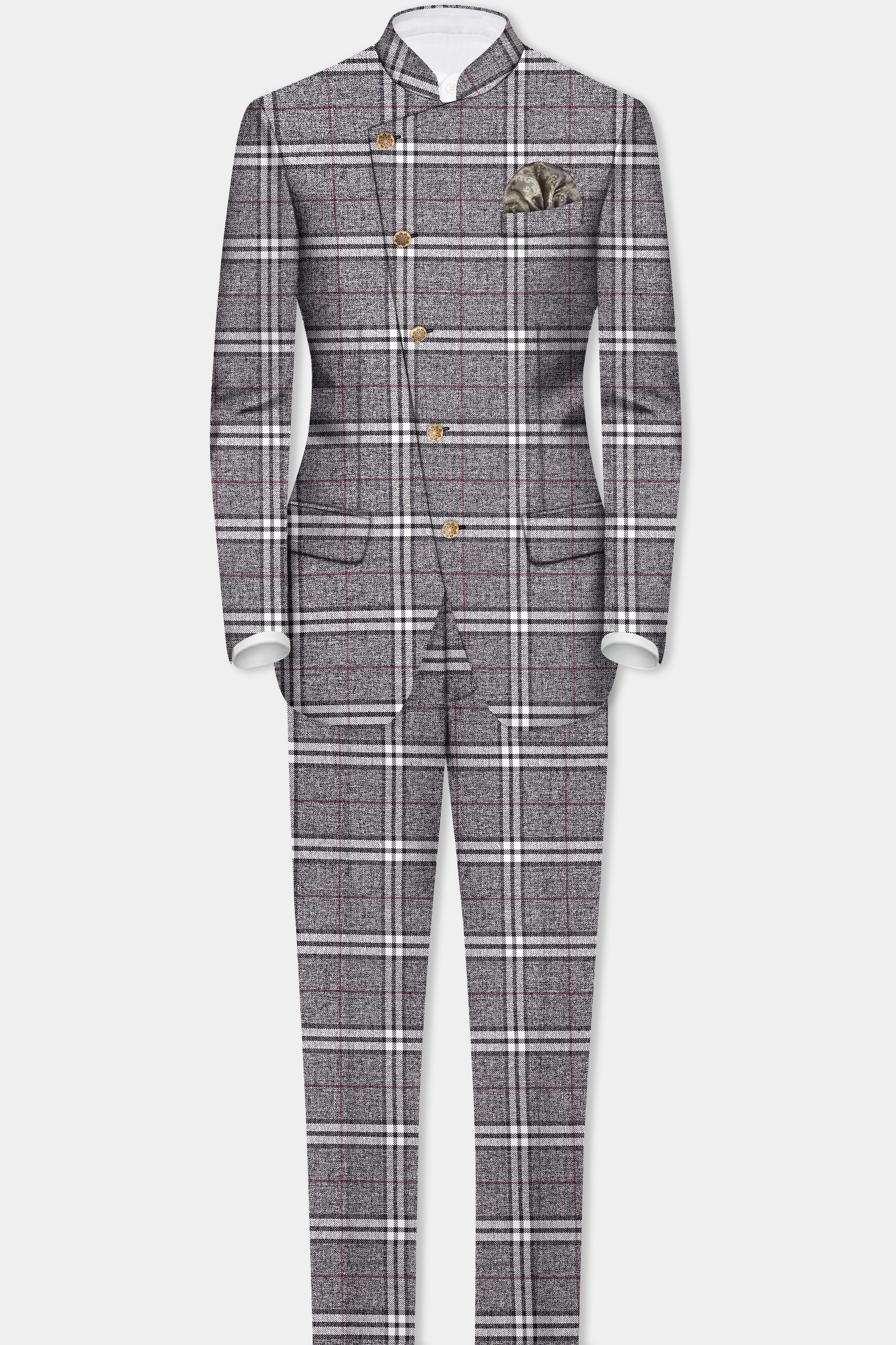 Granite Gray Plaid Wool Rich Cross Placket Bandhgala Suit