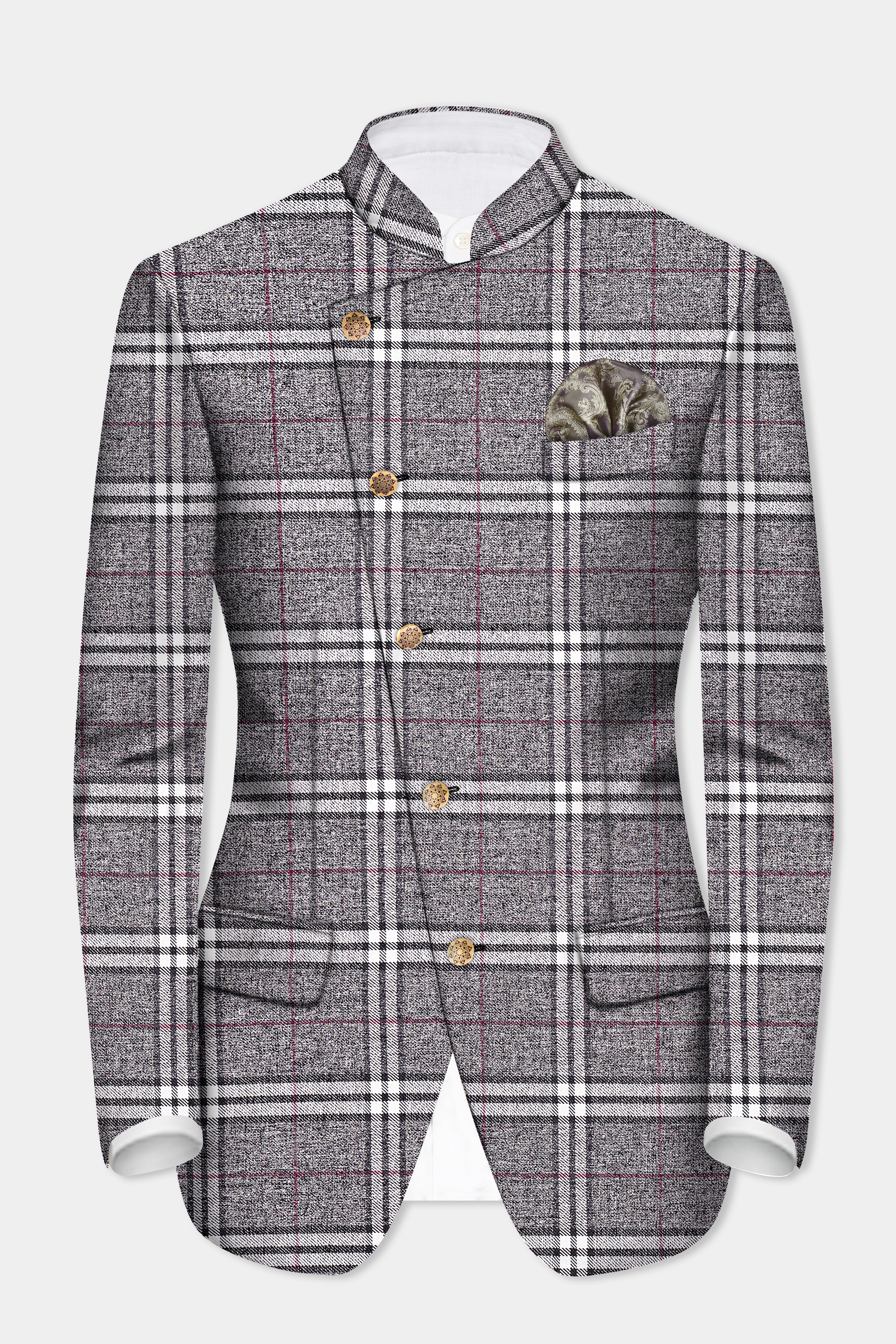 Granite Gray Plaid Wool Rich Cross Placket Bandhgala Suit