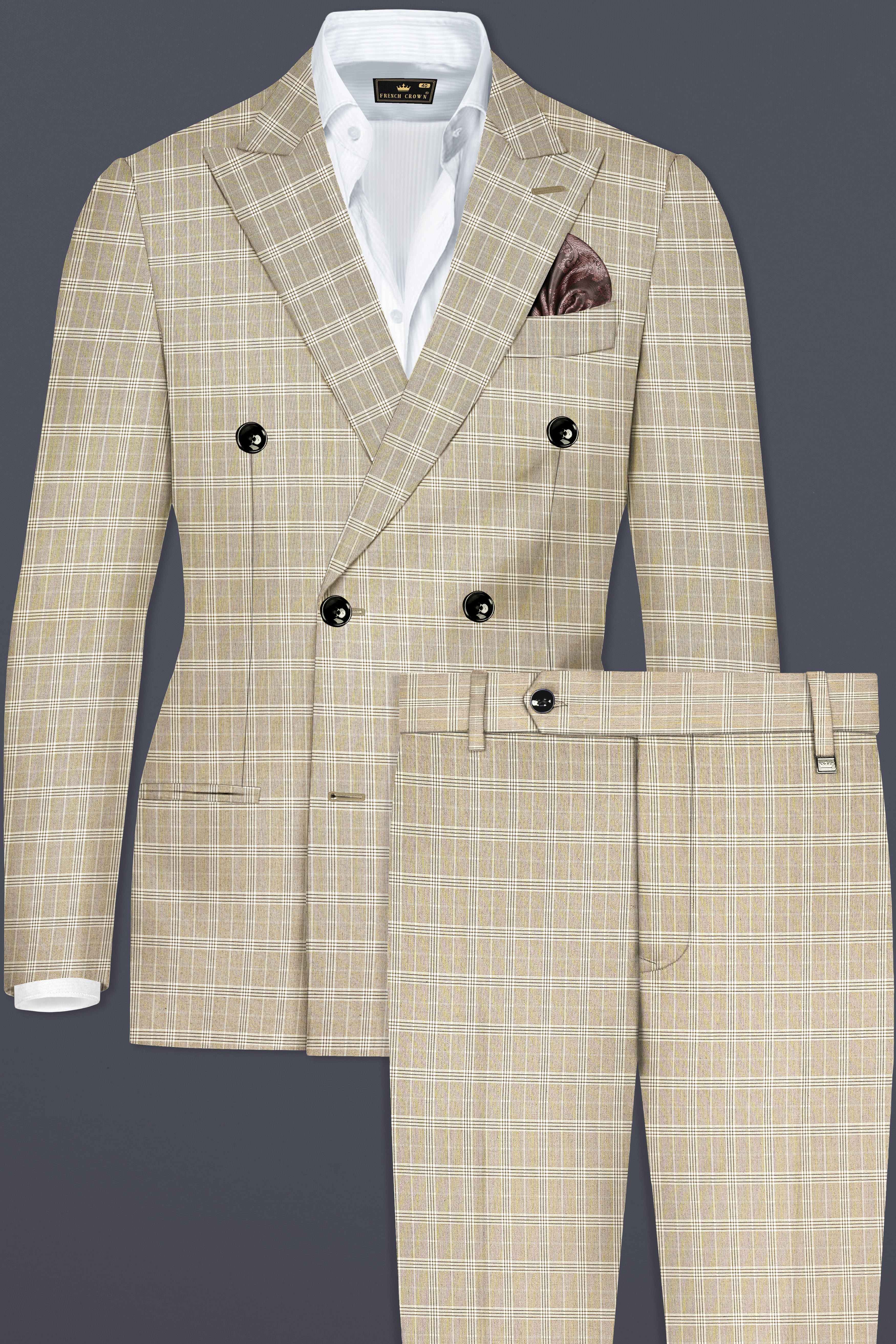 Eagle Cream Plaid Wool Rich Double Breasted Suit