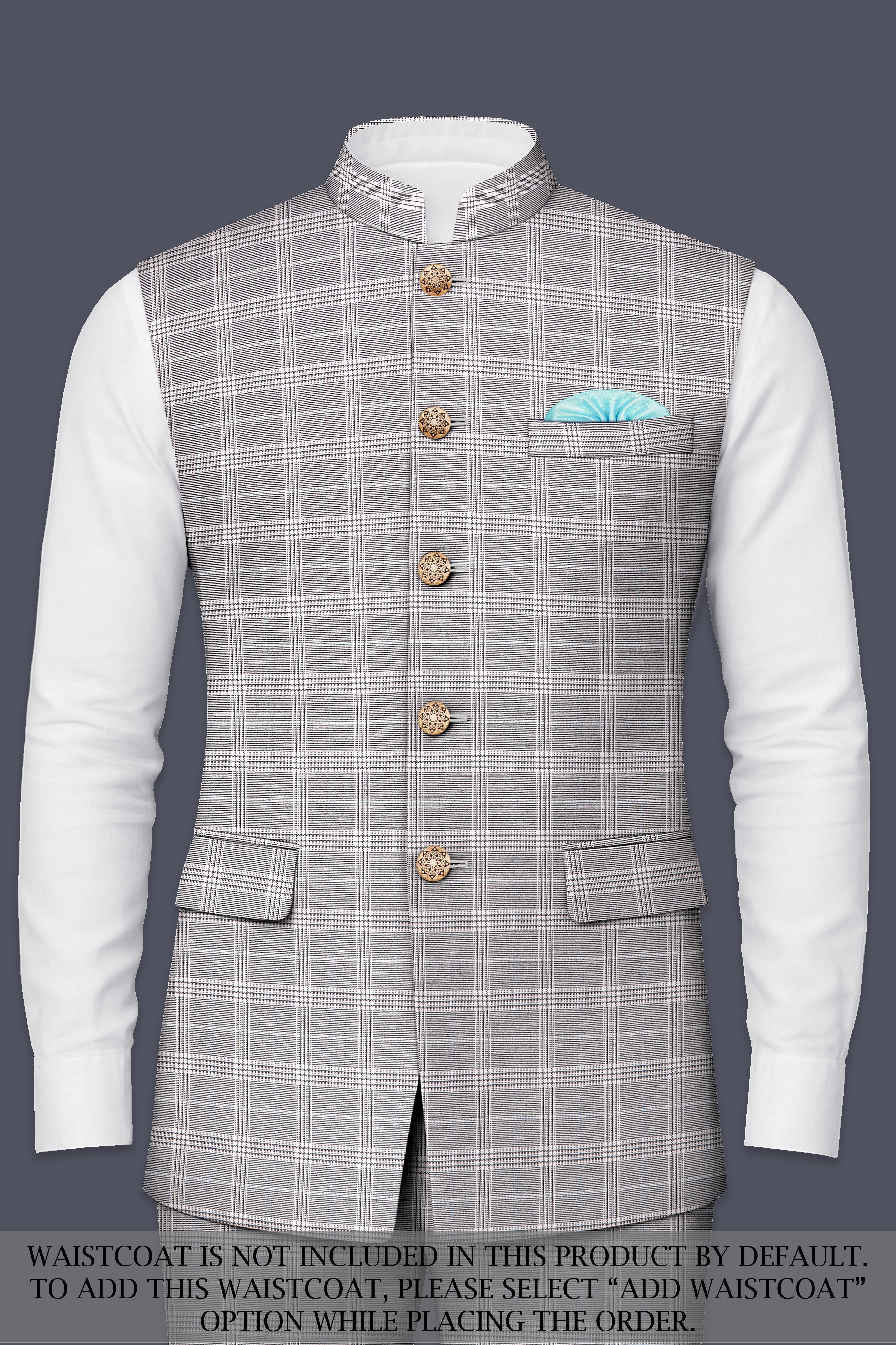 Monsoon Gray Plaid Wool Rich Cross Placket Bandhgala Suit