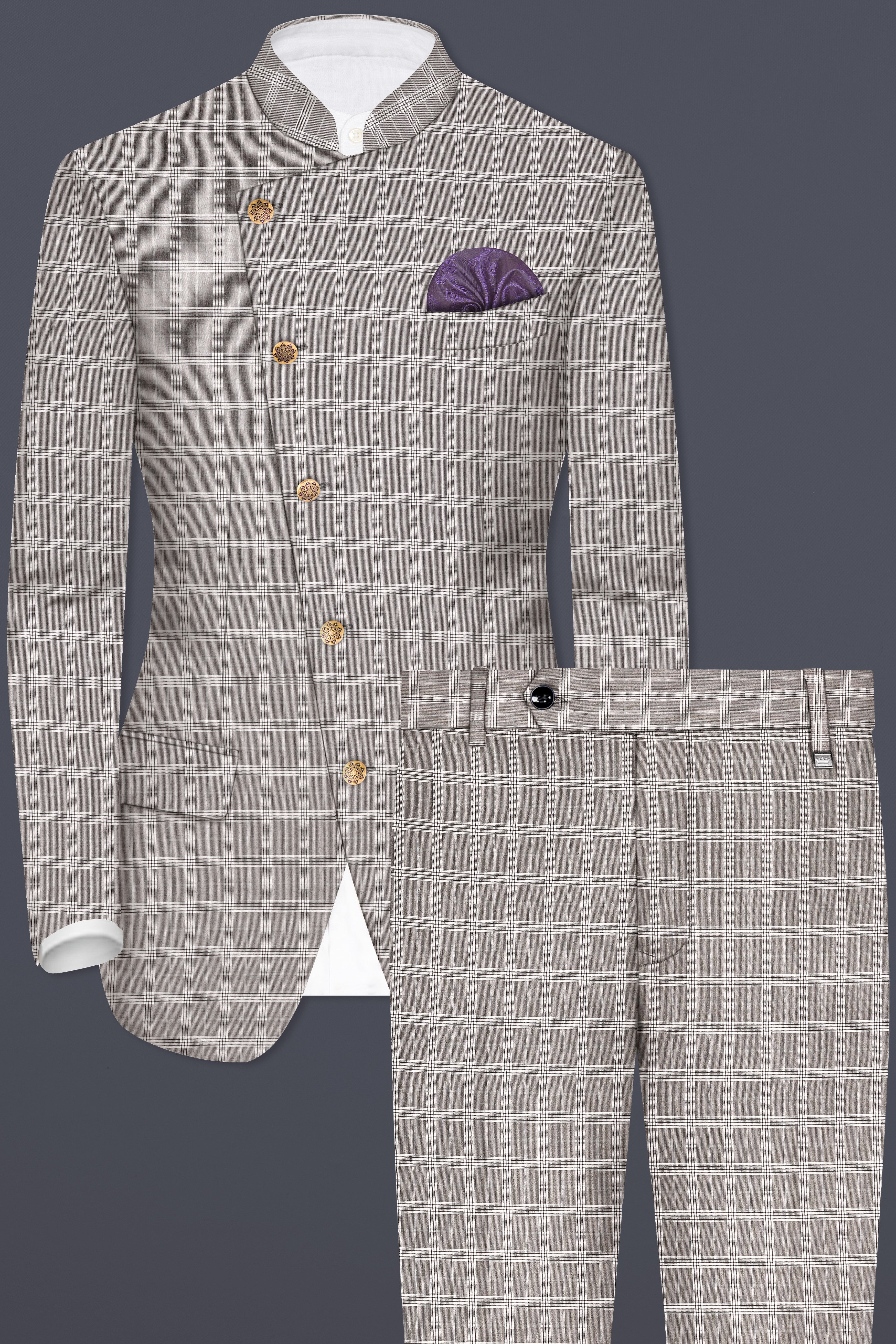 Monsoon Gray Plaid Wool Rich Cross Placket Bandhgala Suit