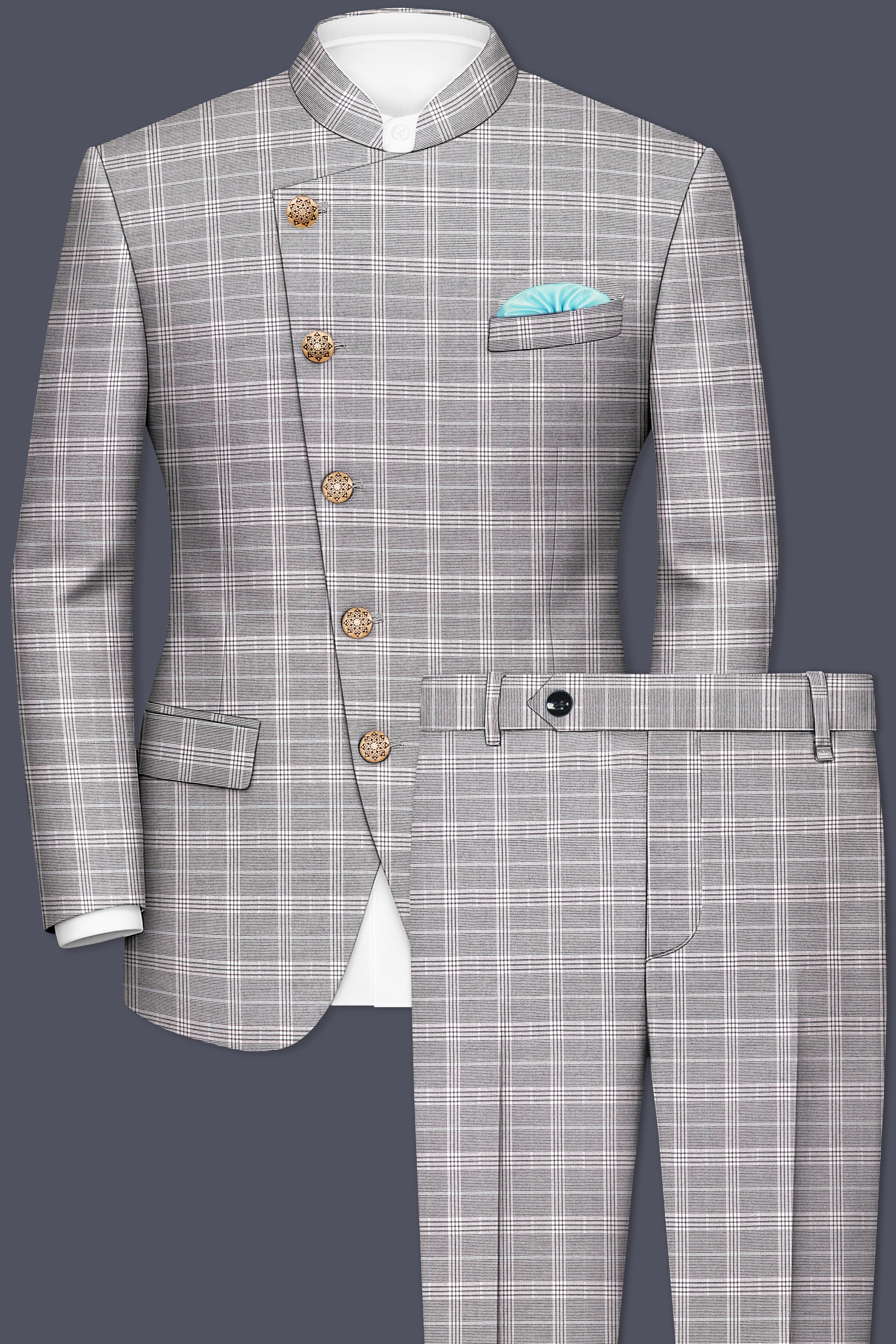 Monsoon Gray Plaid Wool Rich Cross Placket Bandhgala Suit