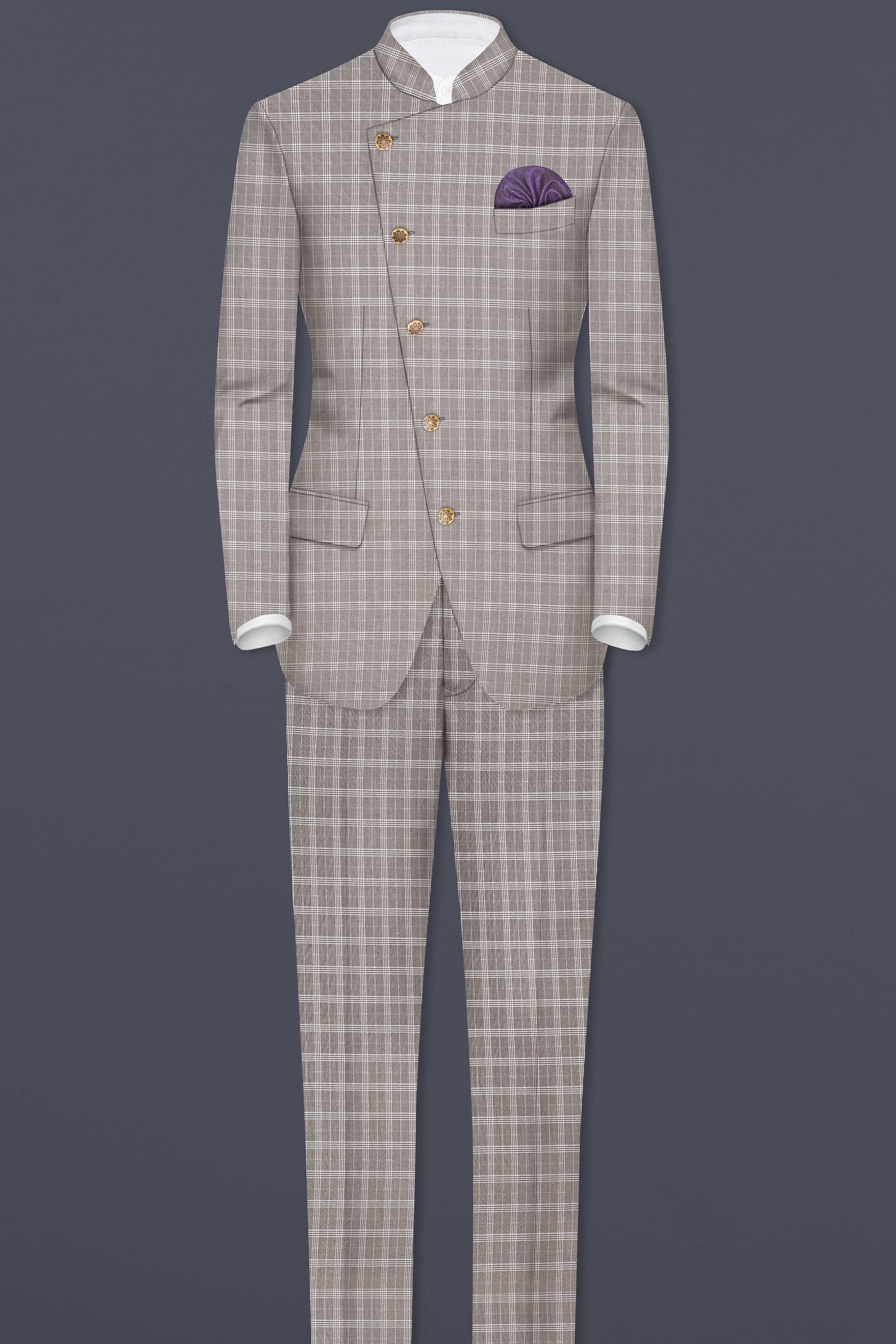 Monsoon Gray Plaid Wool Rich Cross Placket Bandhgala Suit