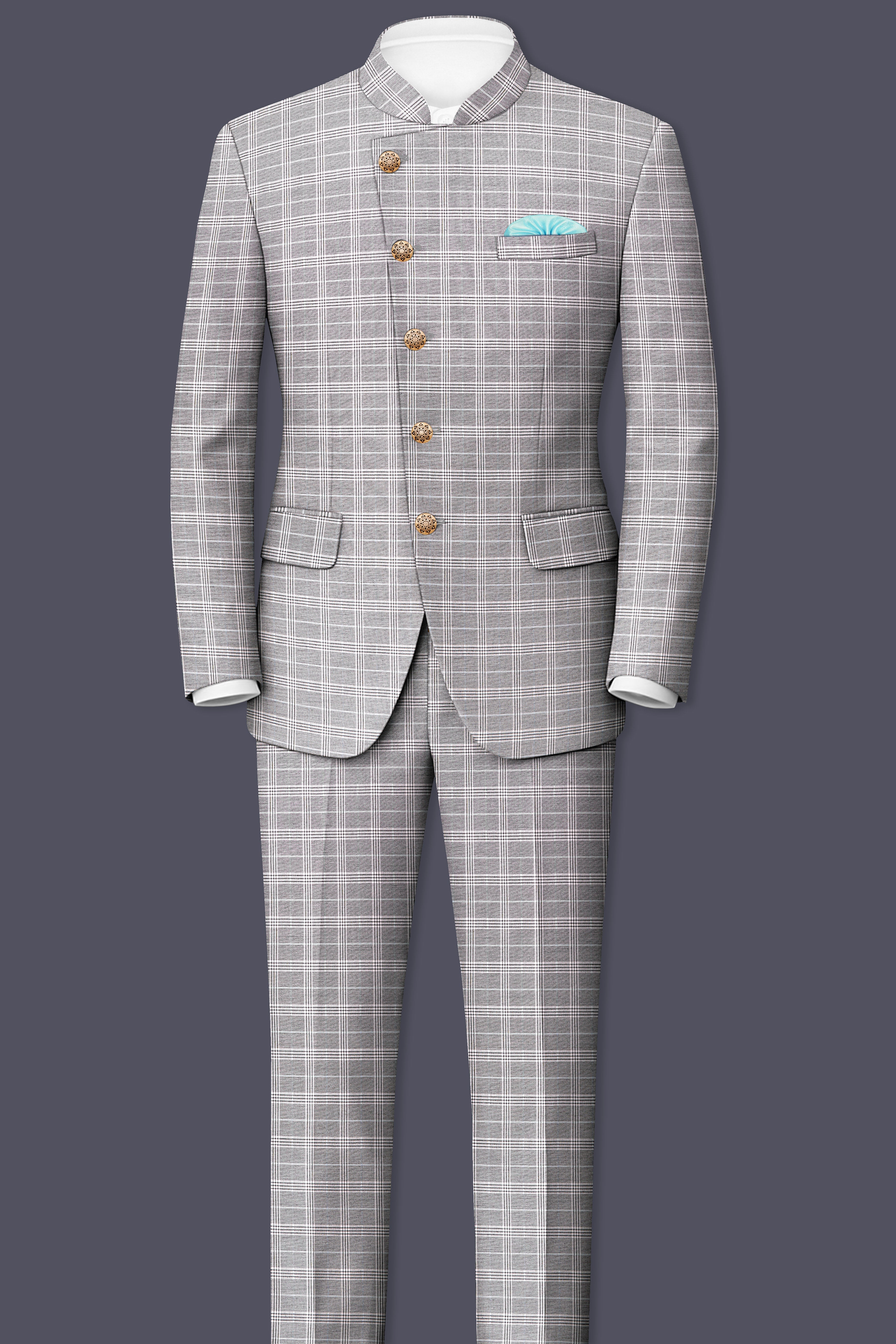 Monsoon Gray Plaid Wool Rich Cross Placket Bandhgala Suit