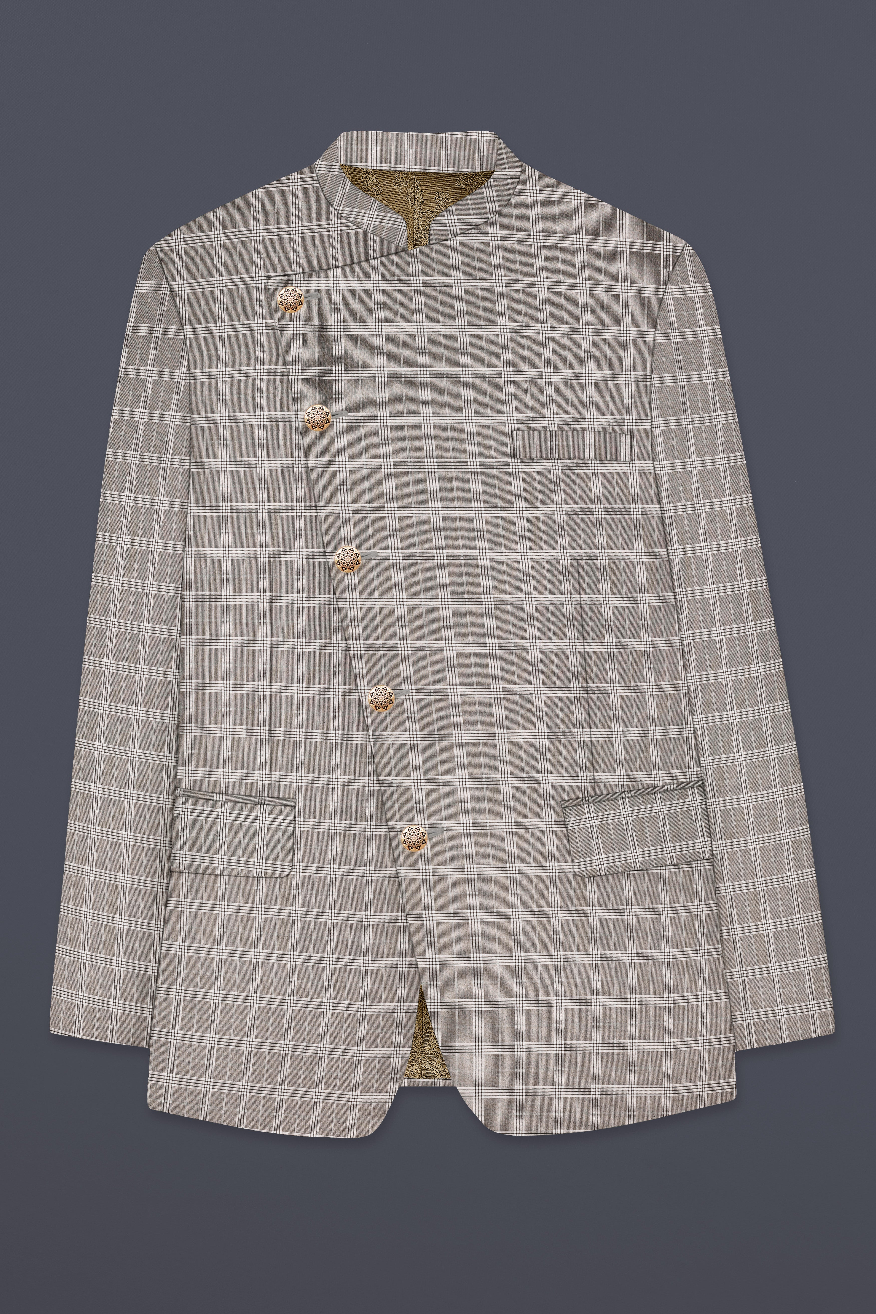 Monsoon Gray Plaid Wool Rich Cross Placket Bandhgala Suit