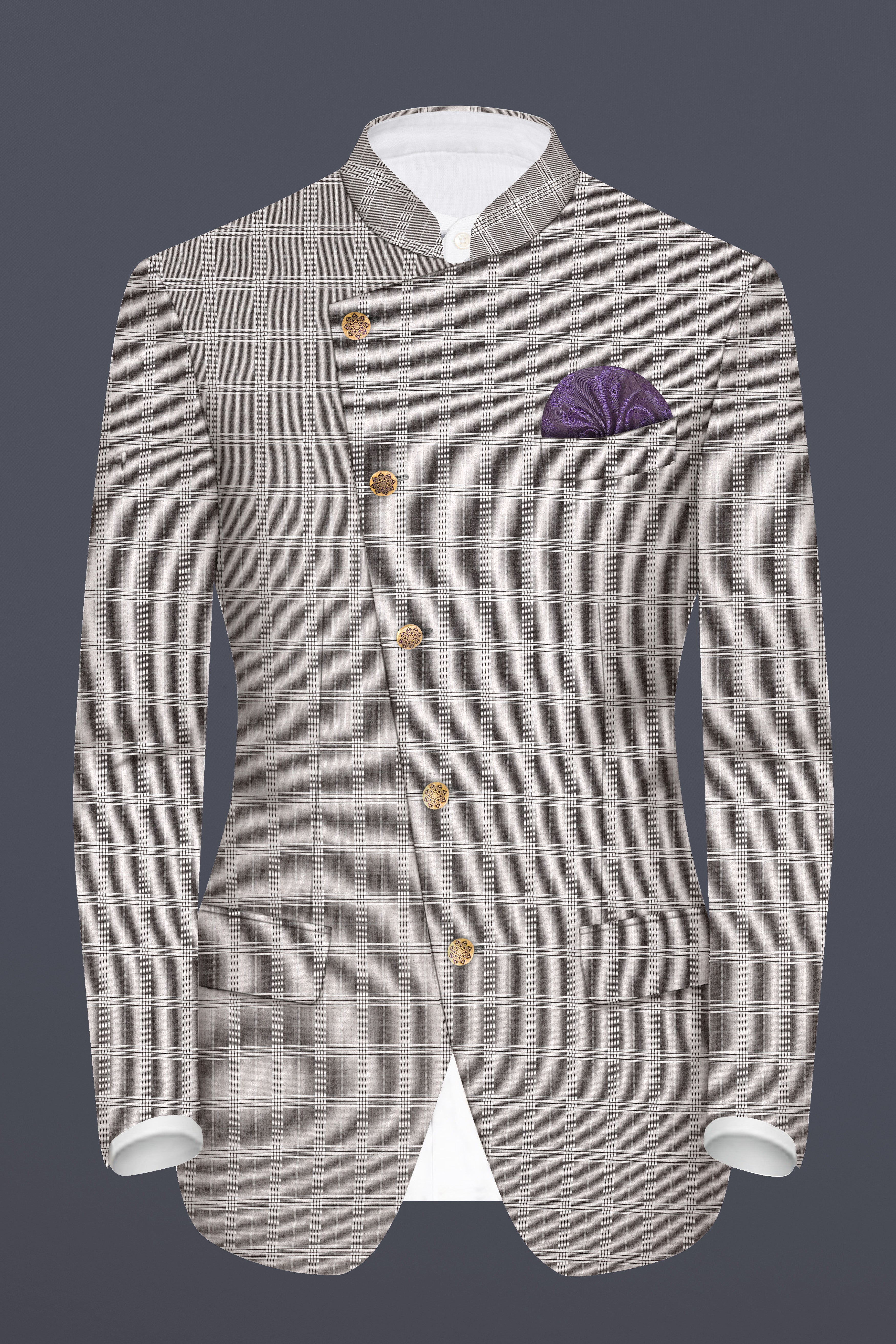 Monsoon Gray Plaid Wool Rich Cross Placket Bandhgala Suit