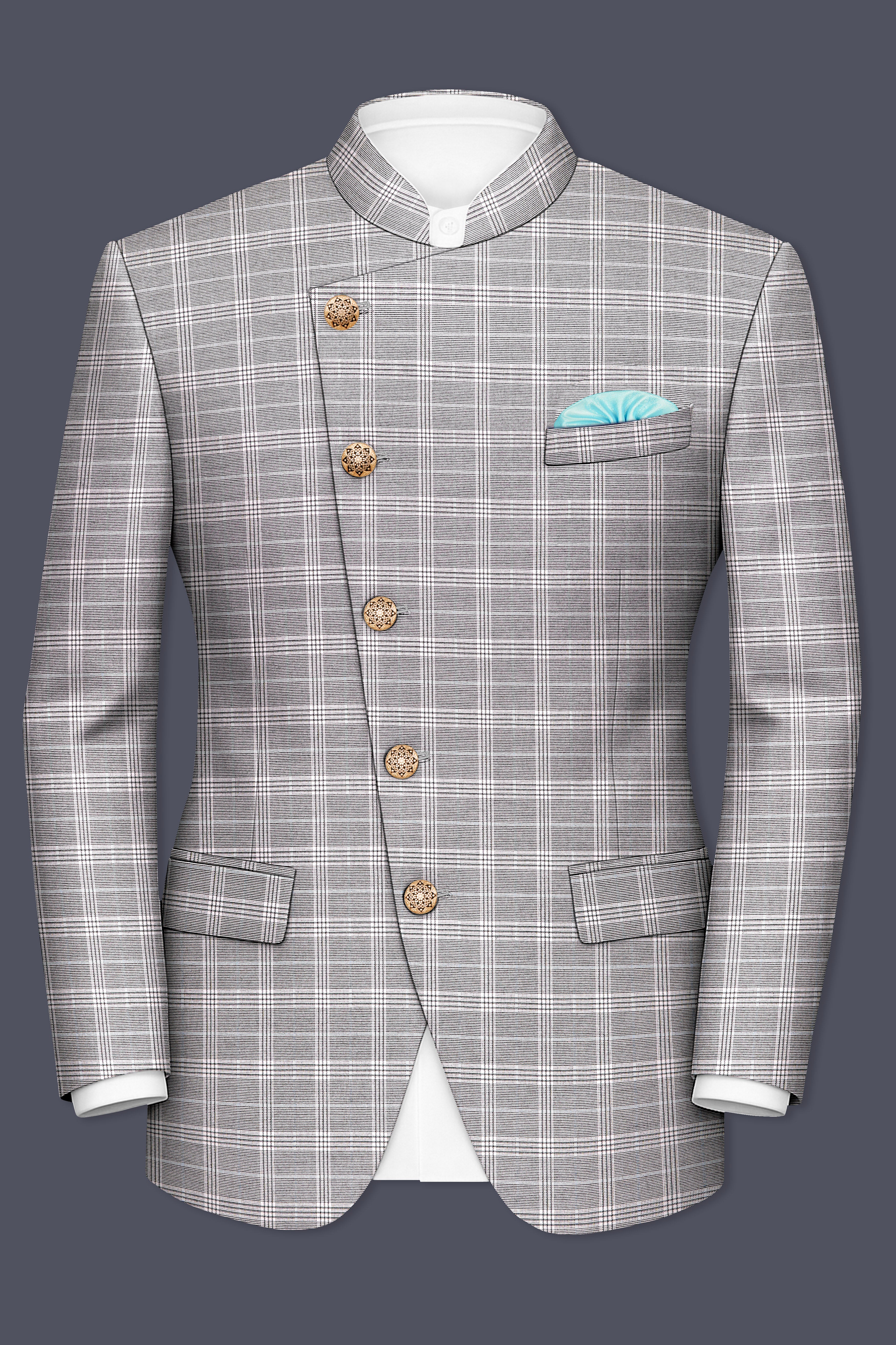 Monsoon Gray Plaid Wool Rich Cross Placket Bandhgala Suit
