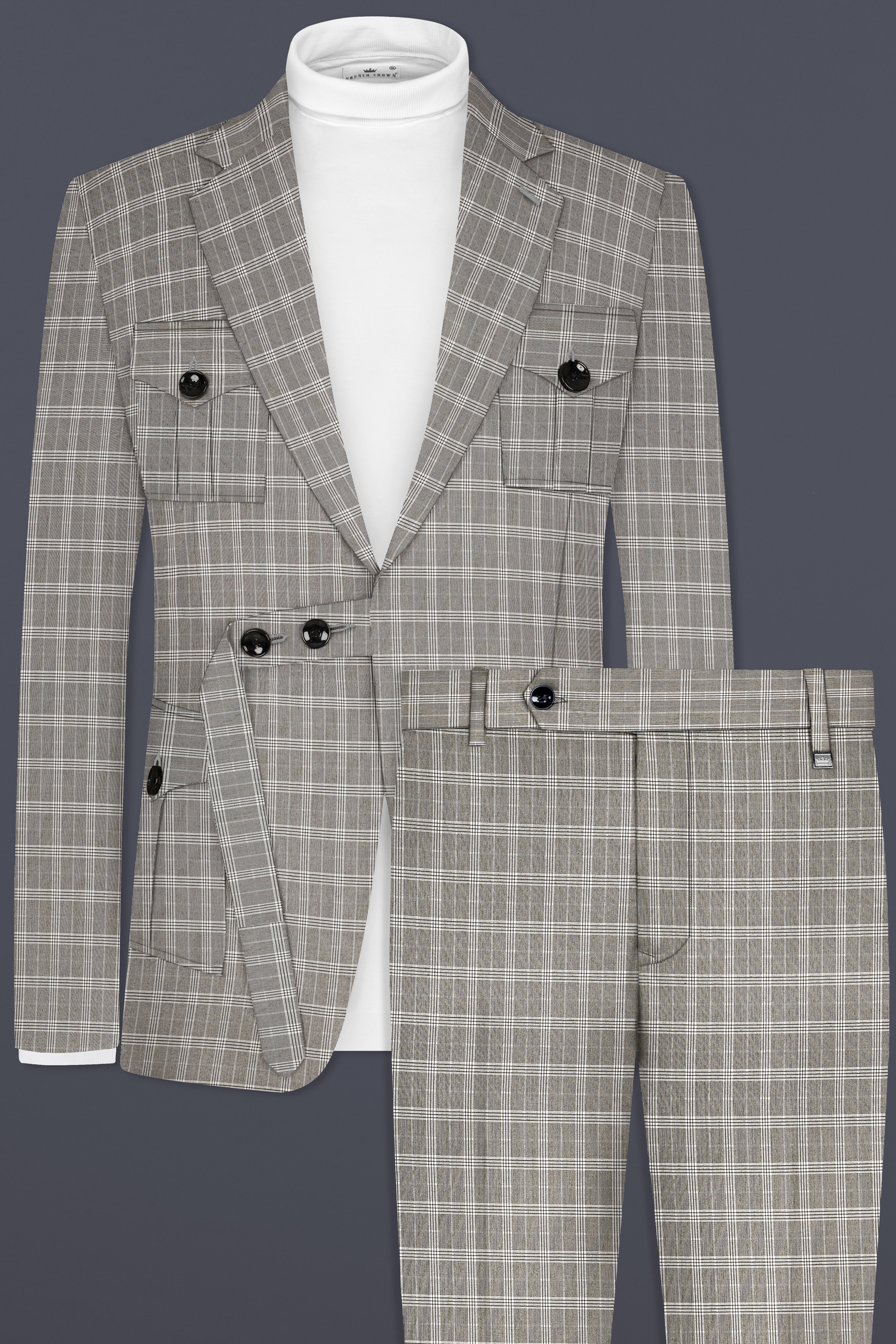 Venus Gray Plaid Wool Rich Belt Closure Designer Suit