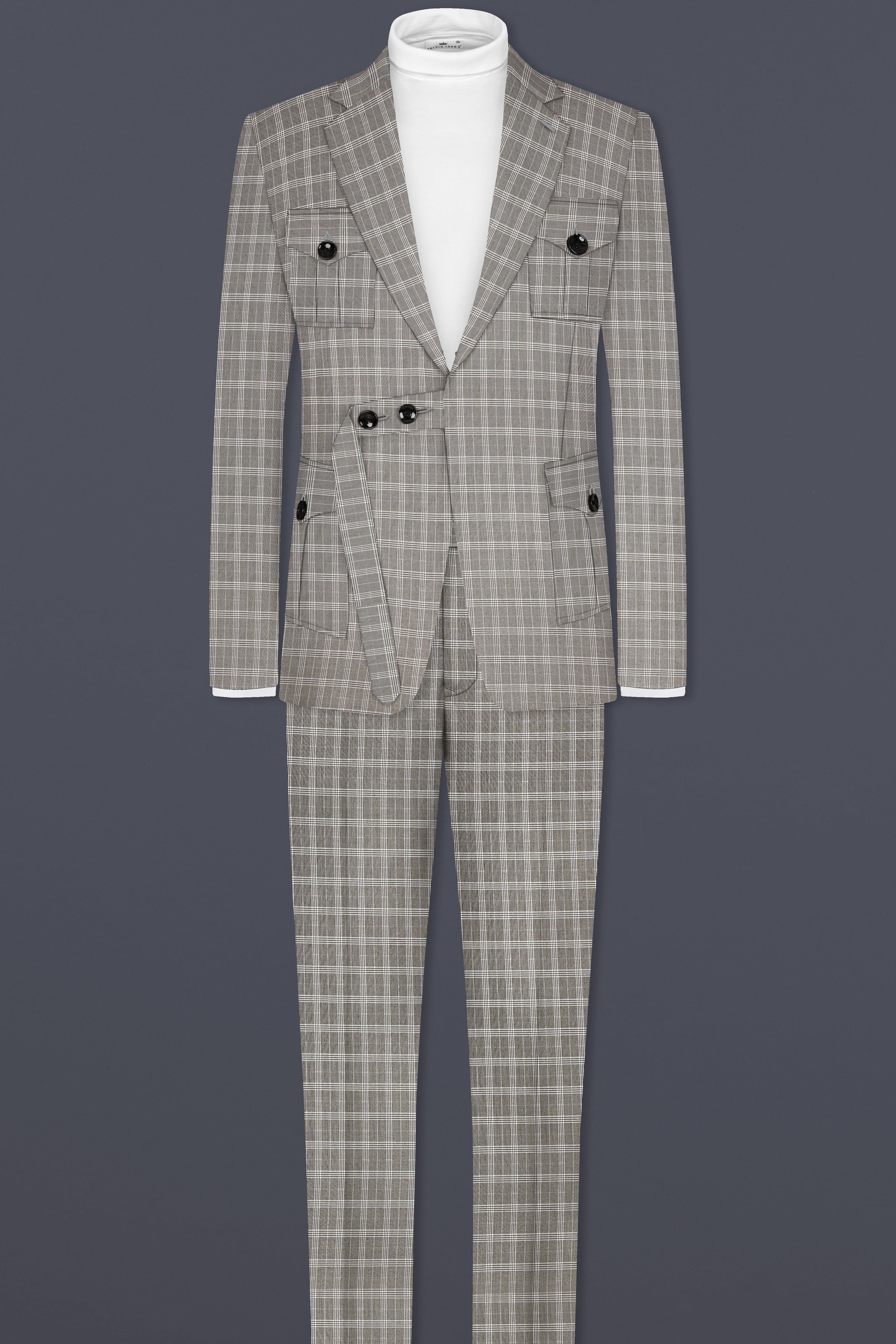 Venus Gray Plaid Wool Rich Belt Closure Designer Suit