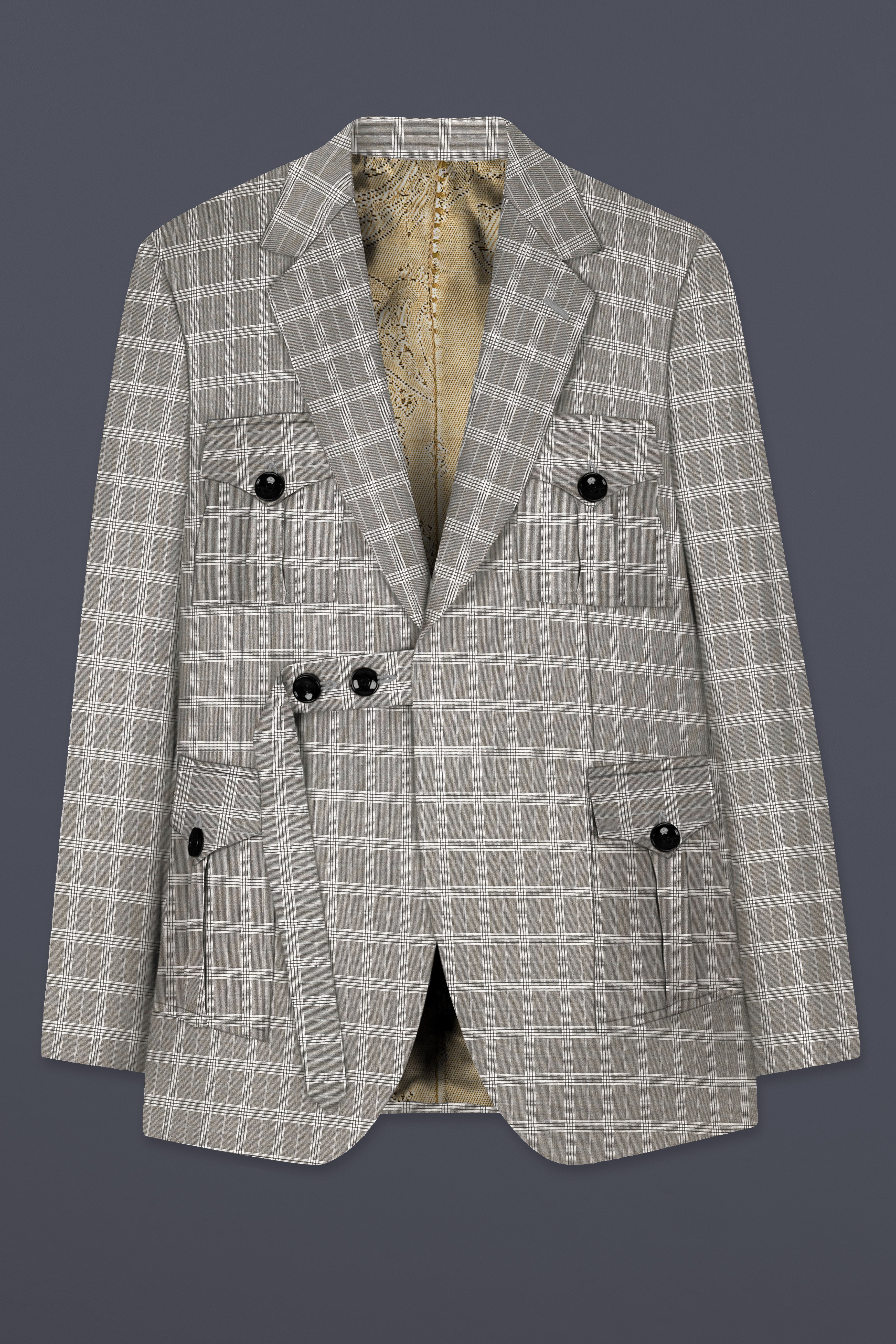 Venus Gray Plaid Wool Rich Belt Closure Designer Suit