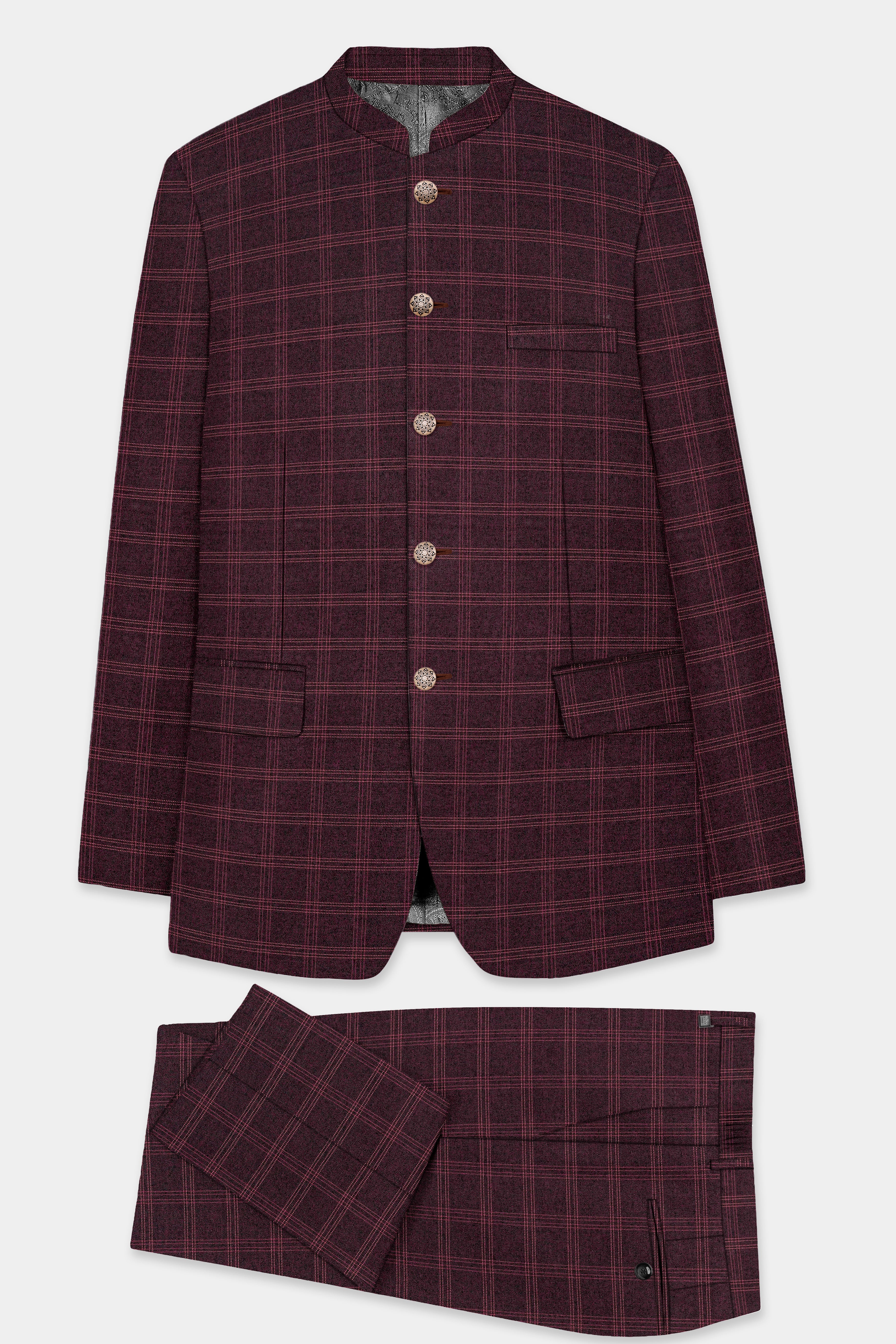 Russett Maroon Plaid Wool Rich Bandhgala Suit