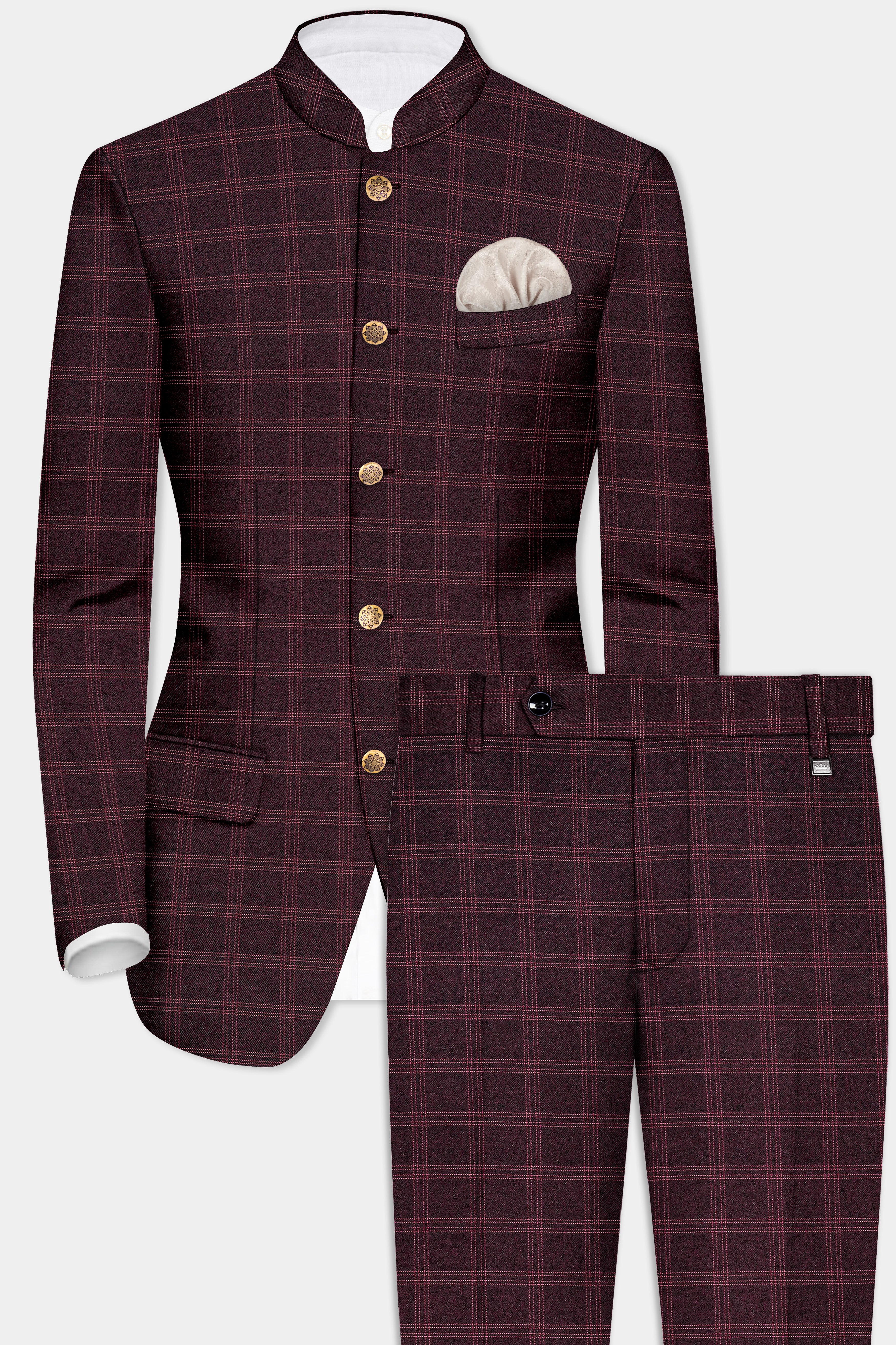 Russett Maroon Plaid Wool Rich Bandhgala Suit