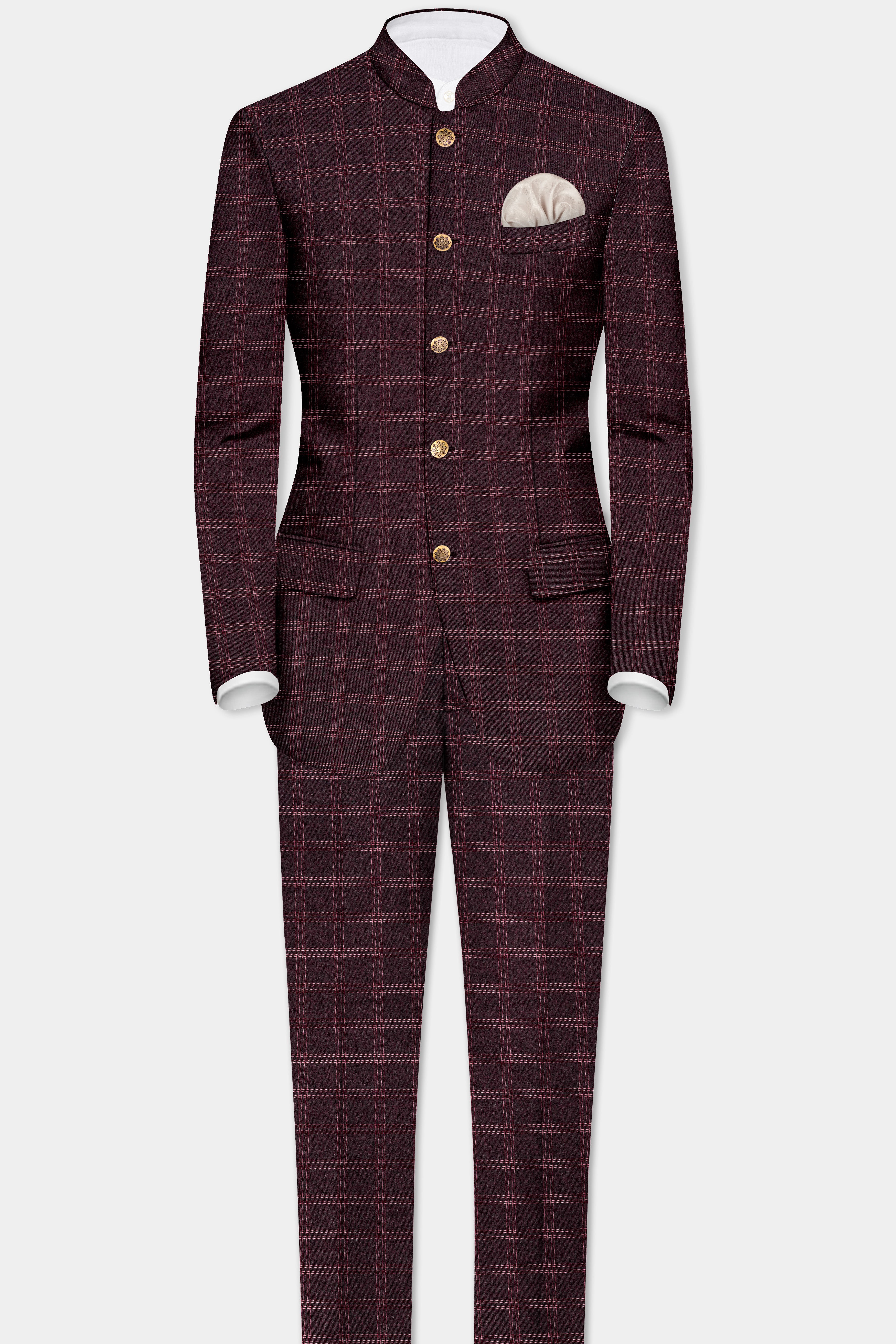 Russett Maroon Plaid Wool Rich Bandhgala Suit