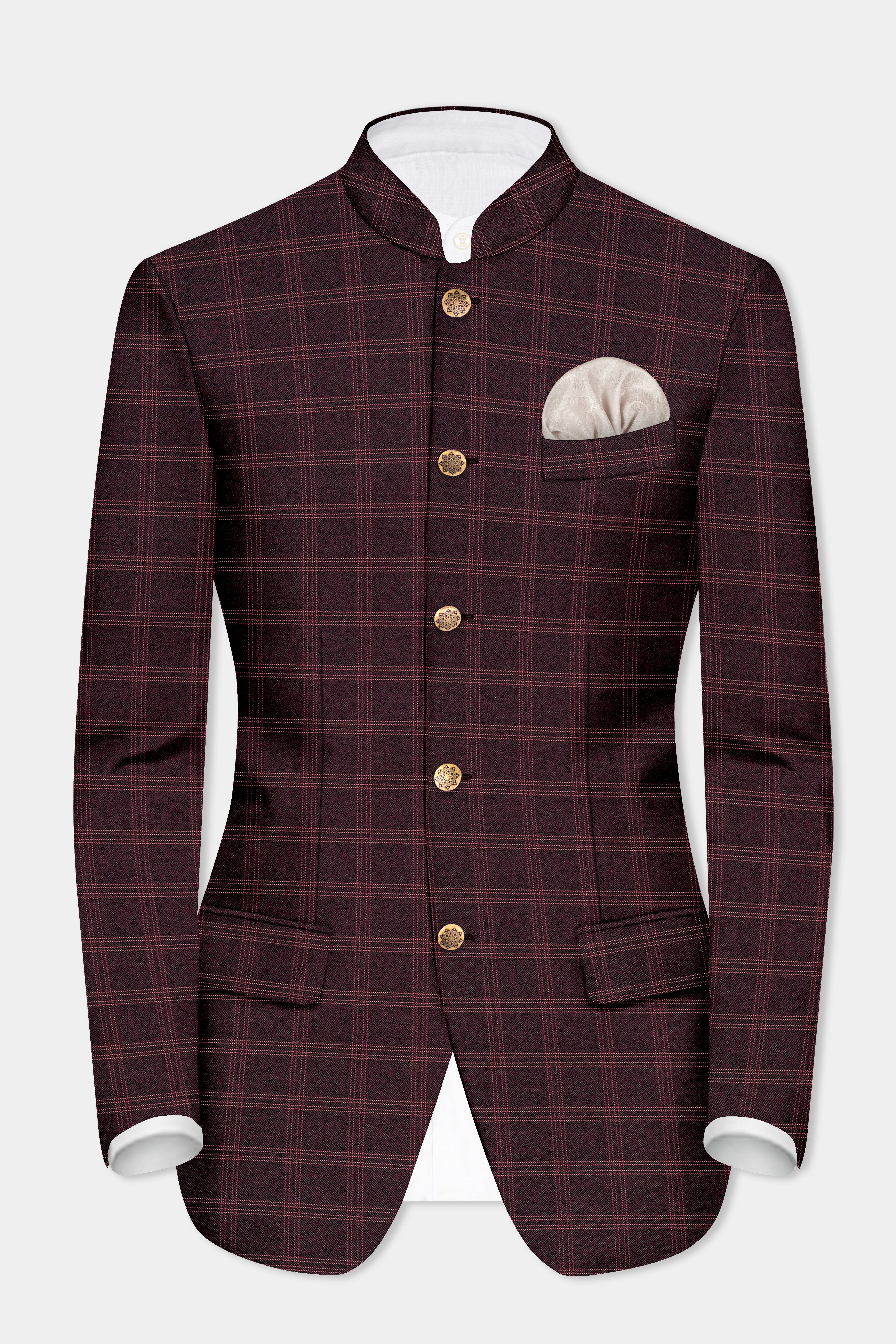 Russett Maroon Plaid Wool Rich Bandhgala Suit