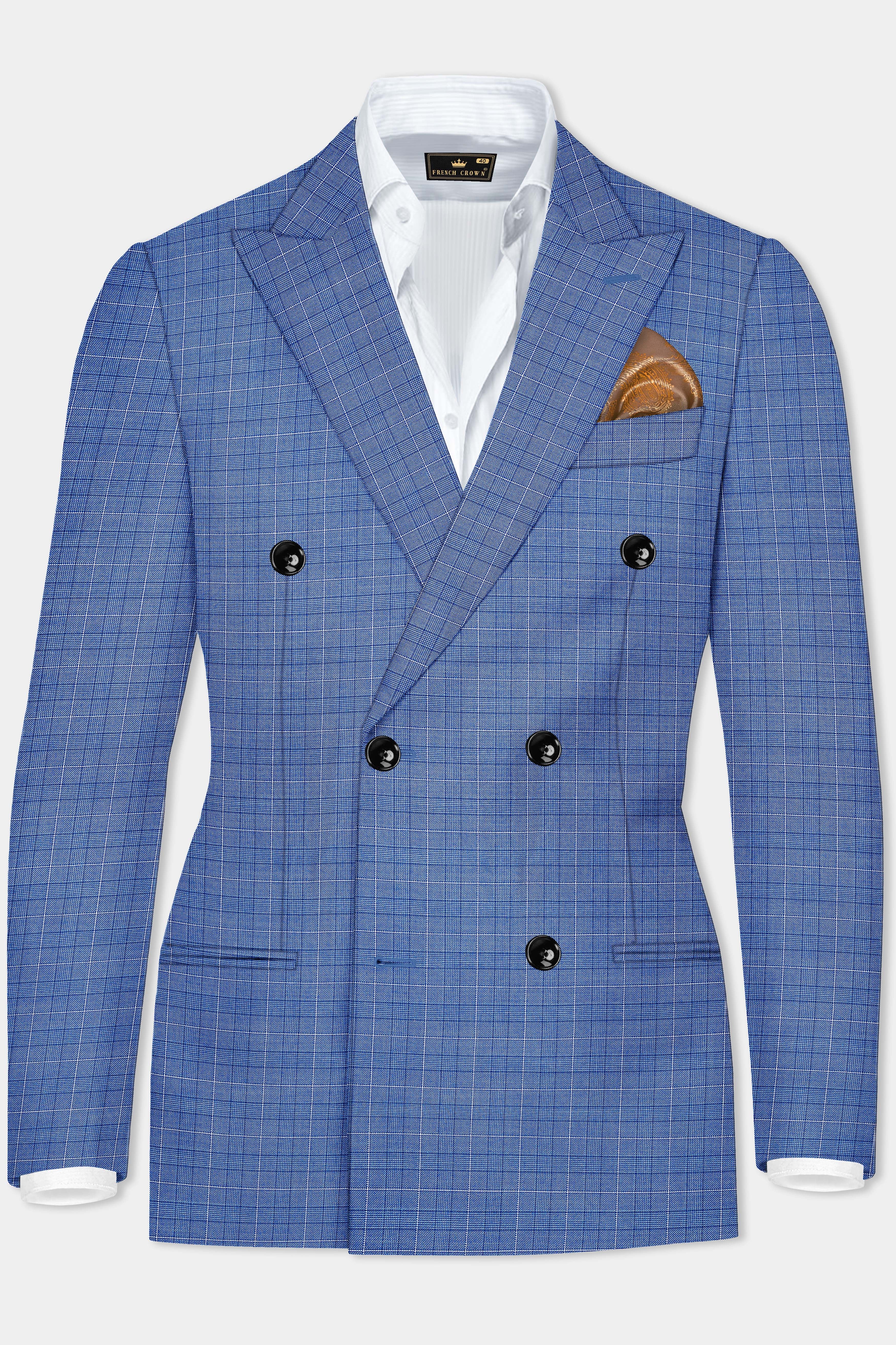 Indigo Blue Plaid Wool Rich Double Breasted Suit