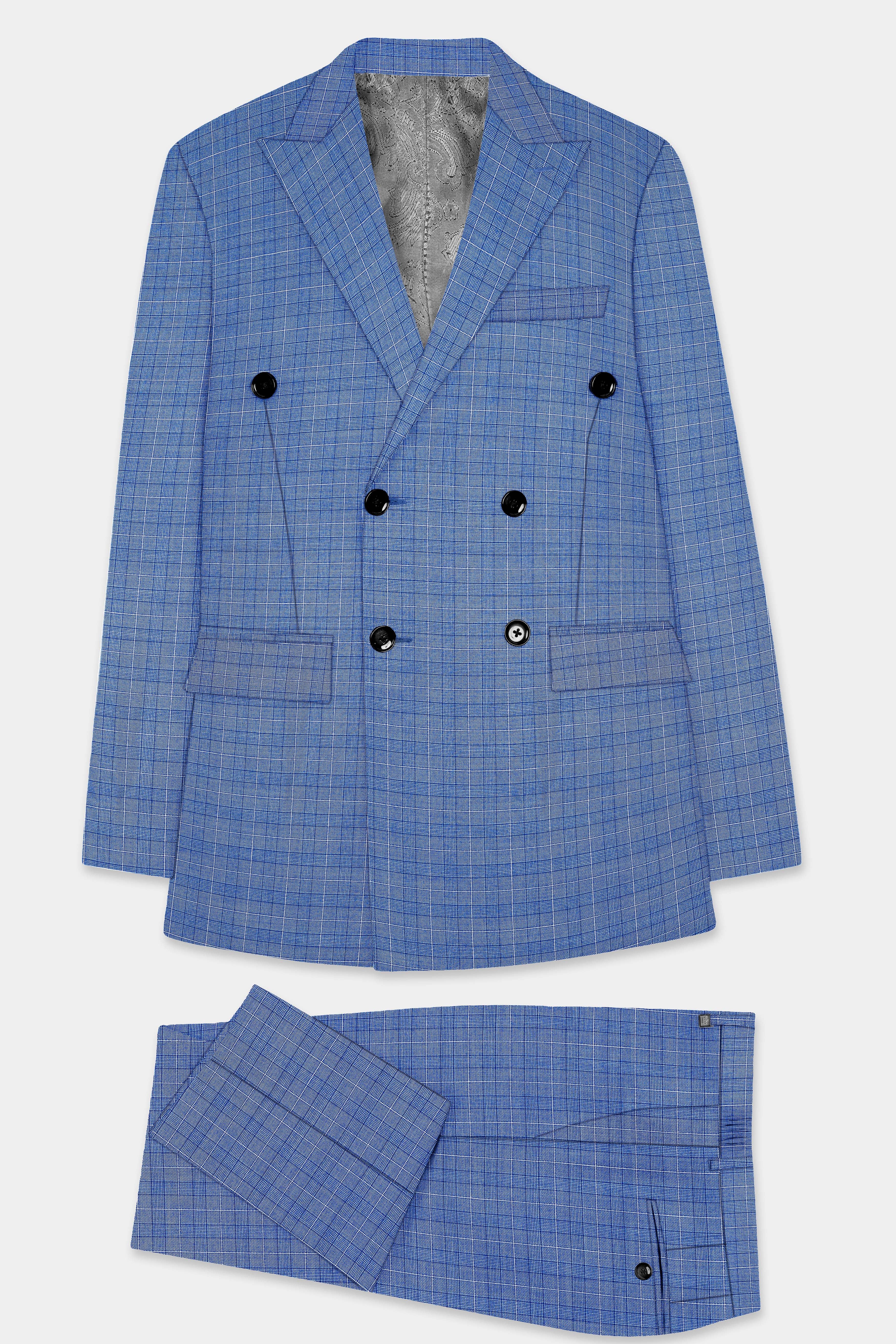 Indigo Blue Plaid Wool Rich Double Breasted Suit