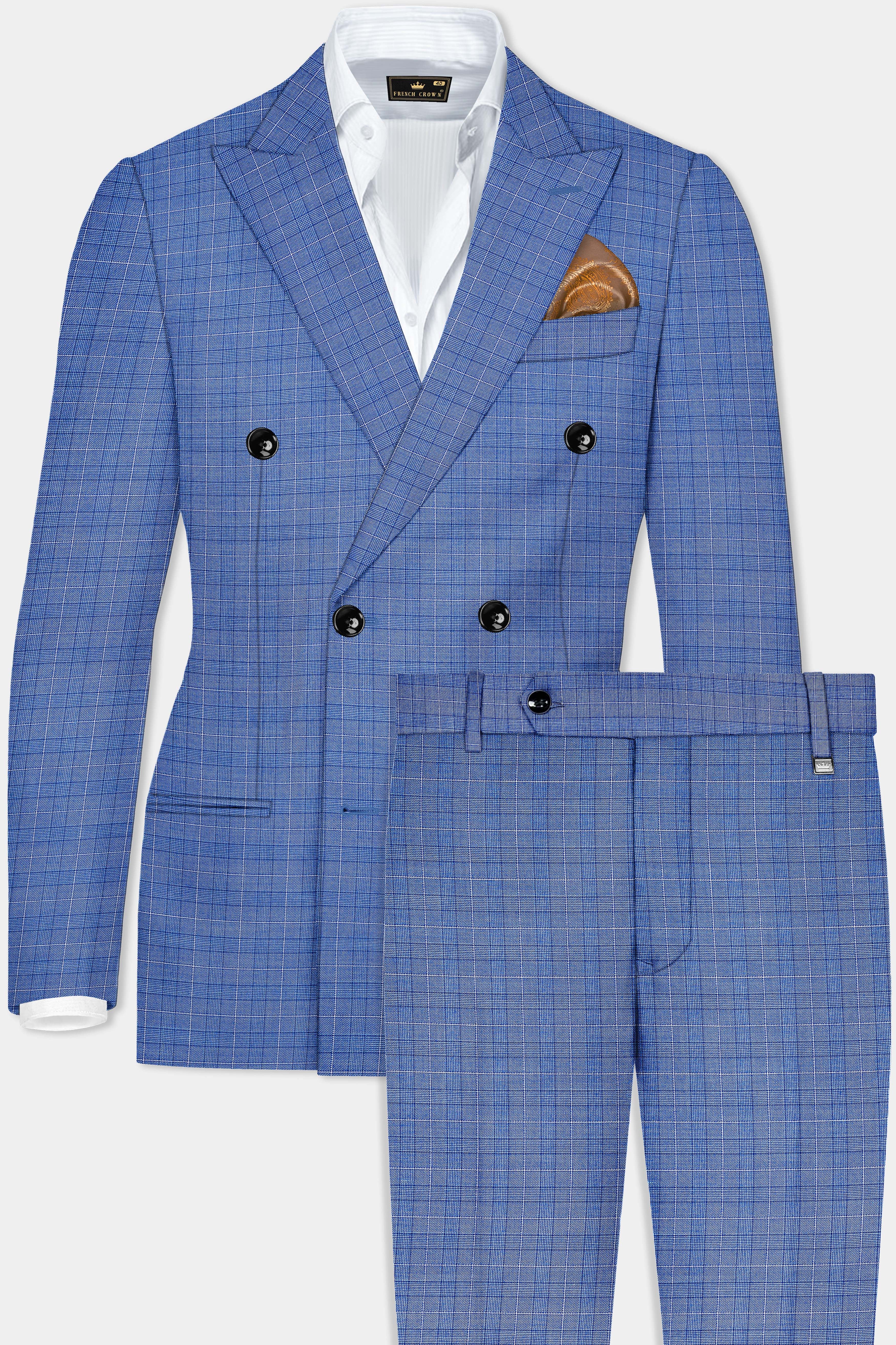 Indigo Blue Plaid Wool Rich Double Breasted Suit