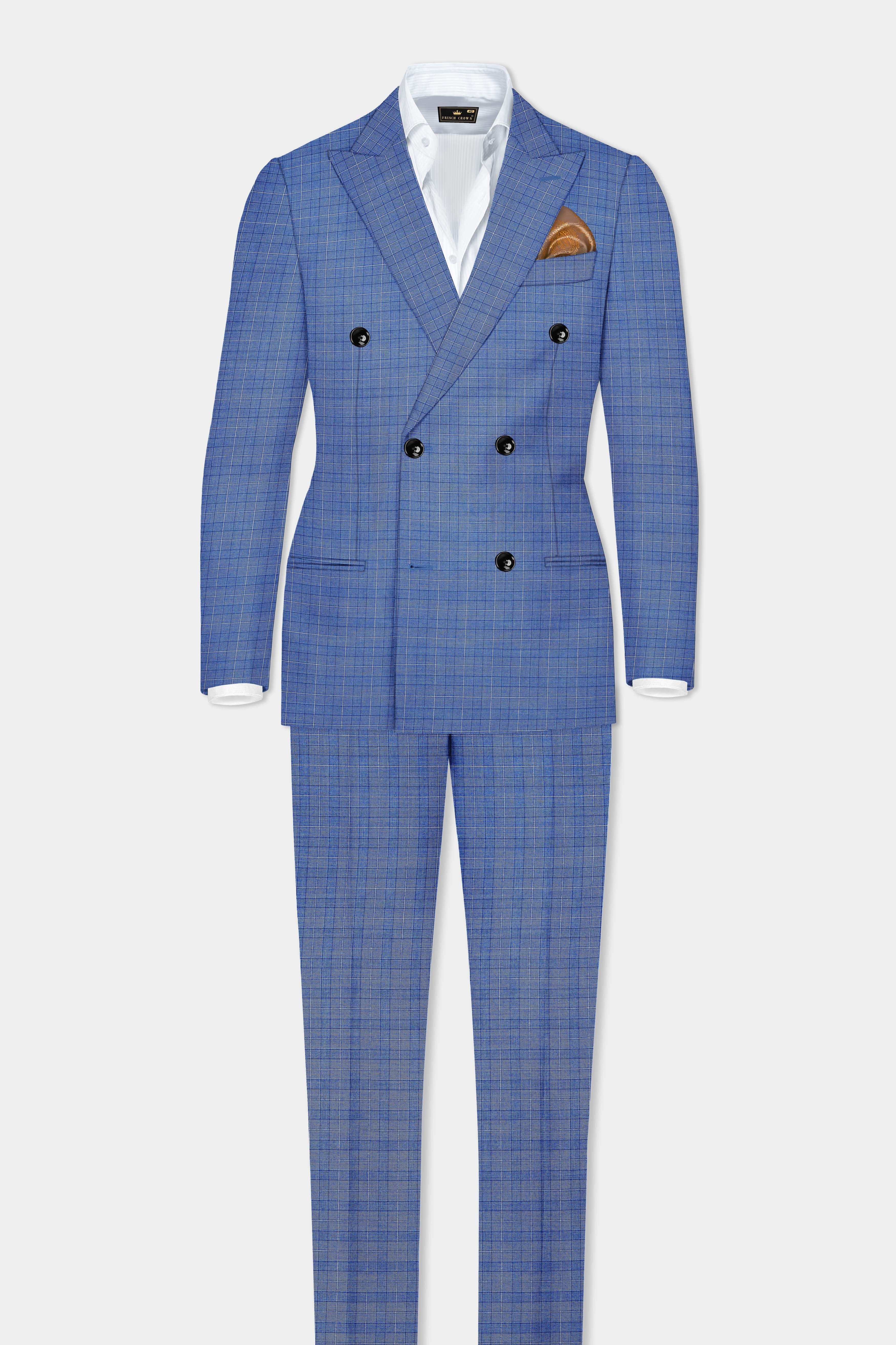 Indigo Blue Plaid Wool Rich Double Breasted Suit