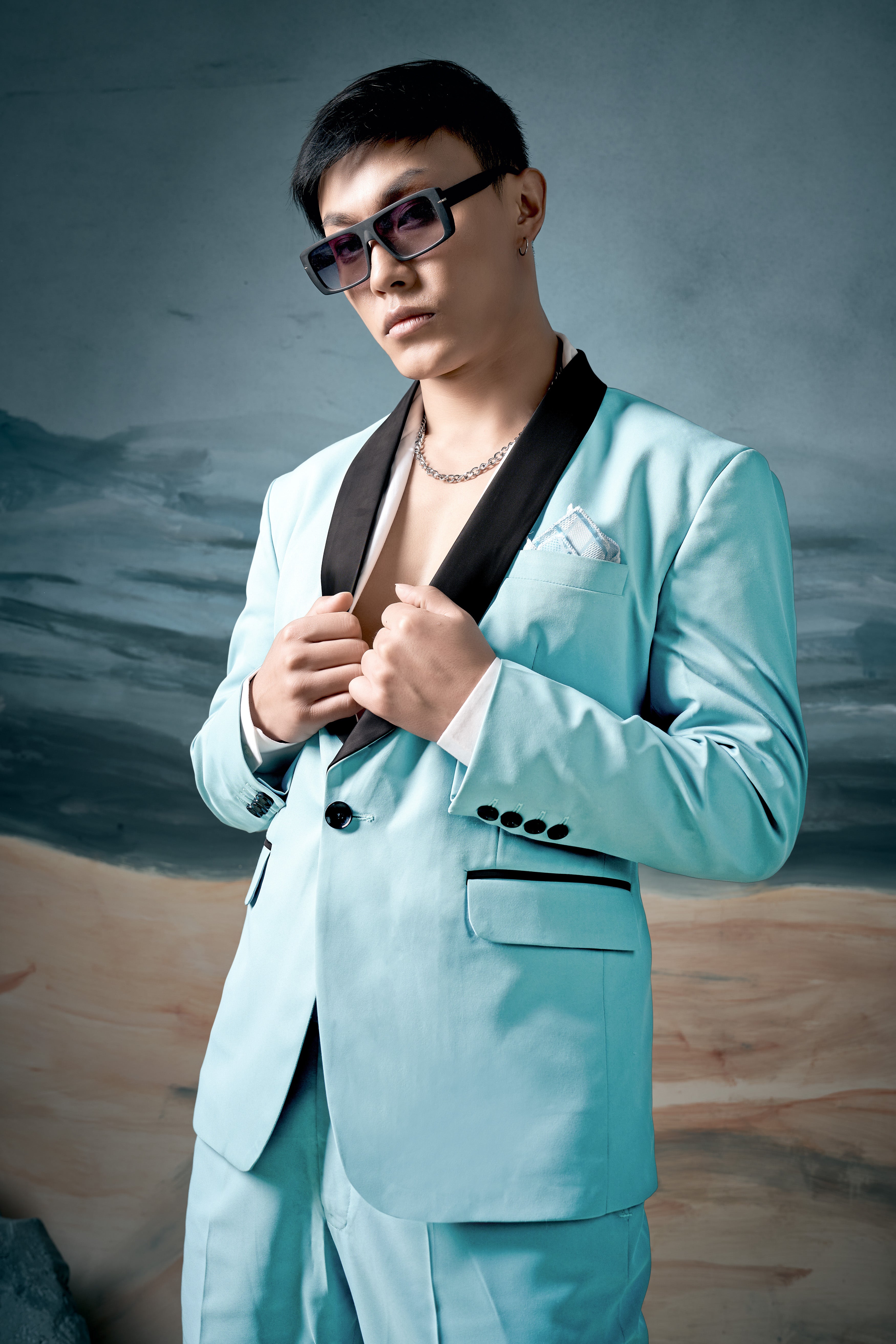 Korean Blizzard Blue Solid Wool Rich Tuxedo Suit