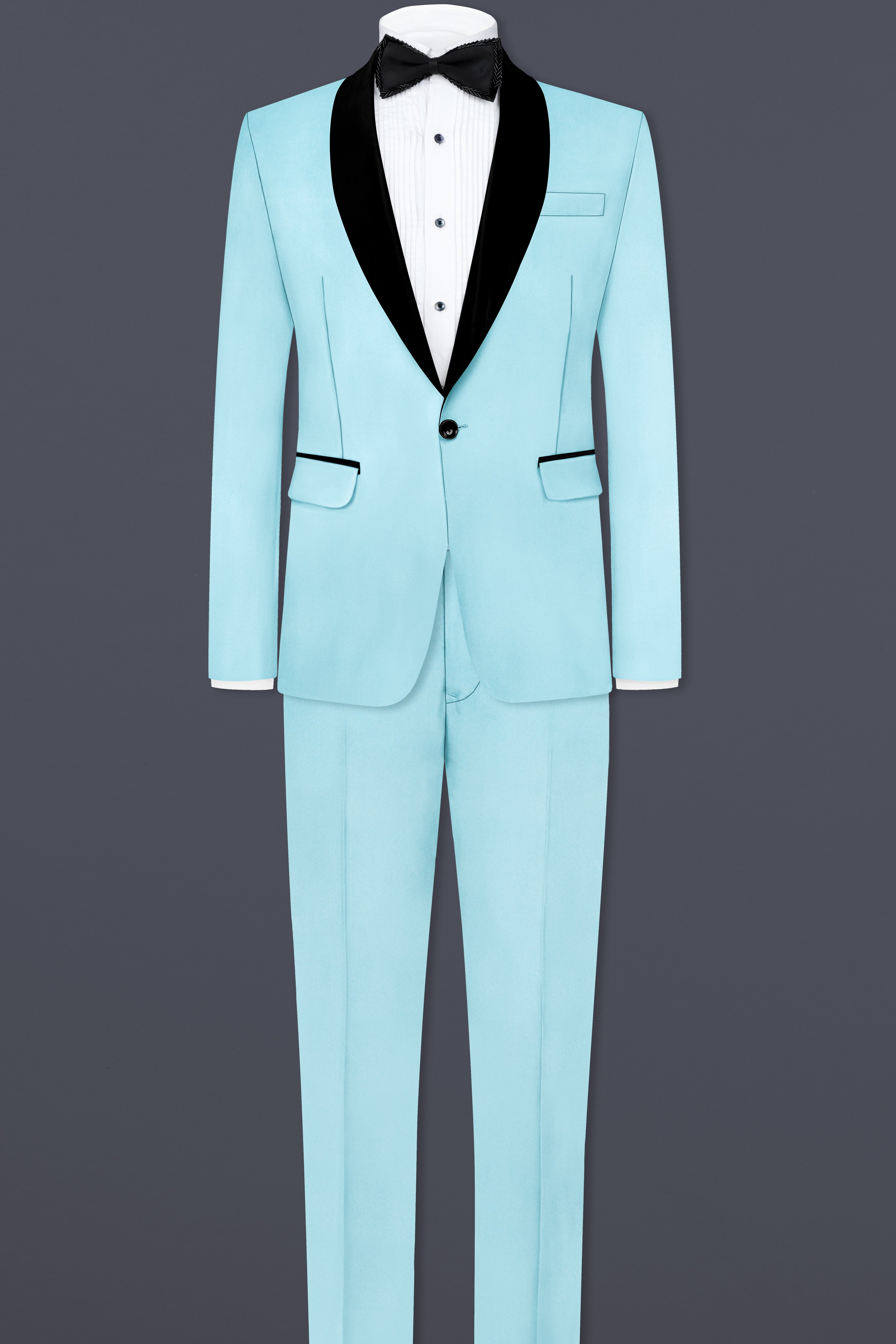 Korean Blizzard Blue Solid Wool Rich Tuxedo Suit