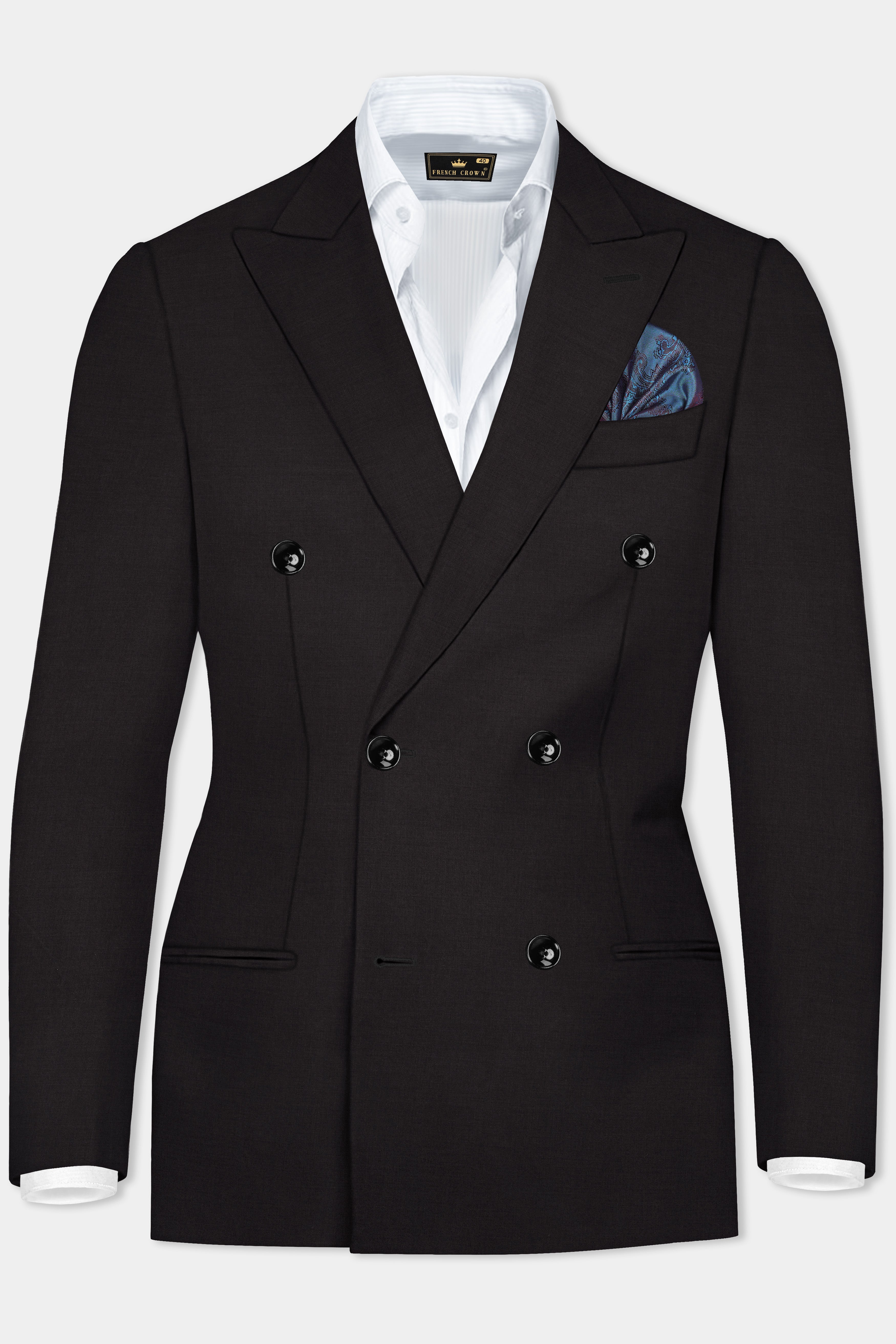 Zeus Black Solid Wool Rich Double Breasted Suit