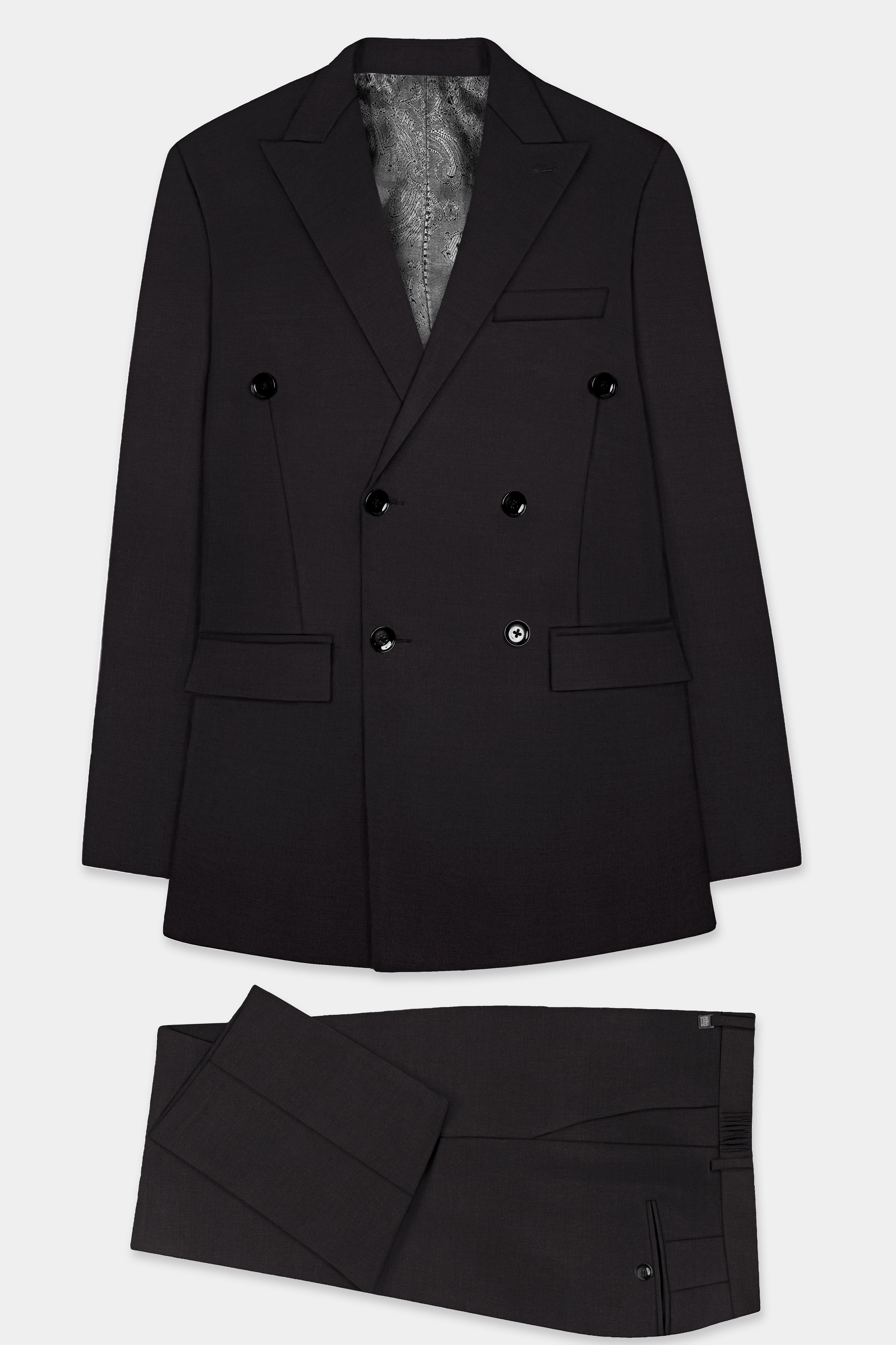 Zeus Black Solid Wool Rich Double Breasted Suit