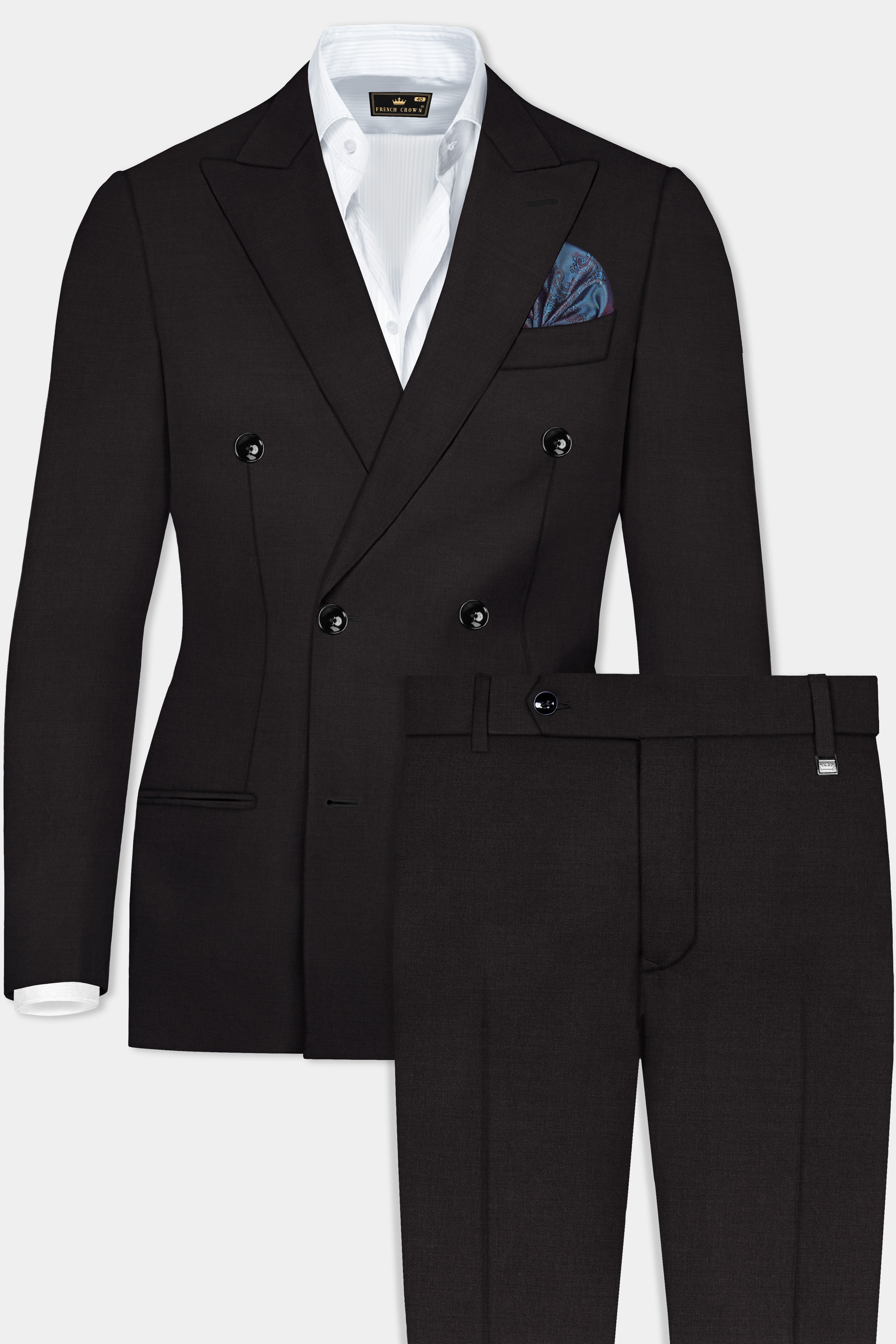 Zeus Black Solid Wool Rich Double Breasted Suit