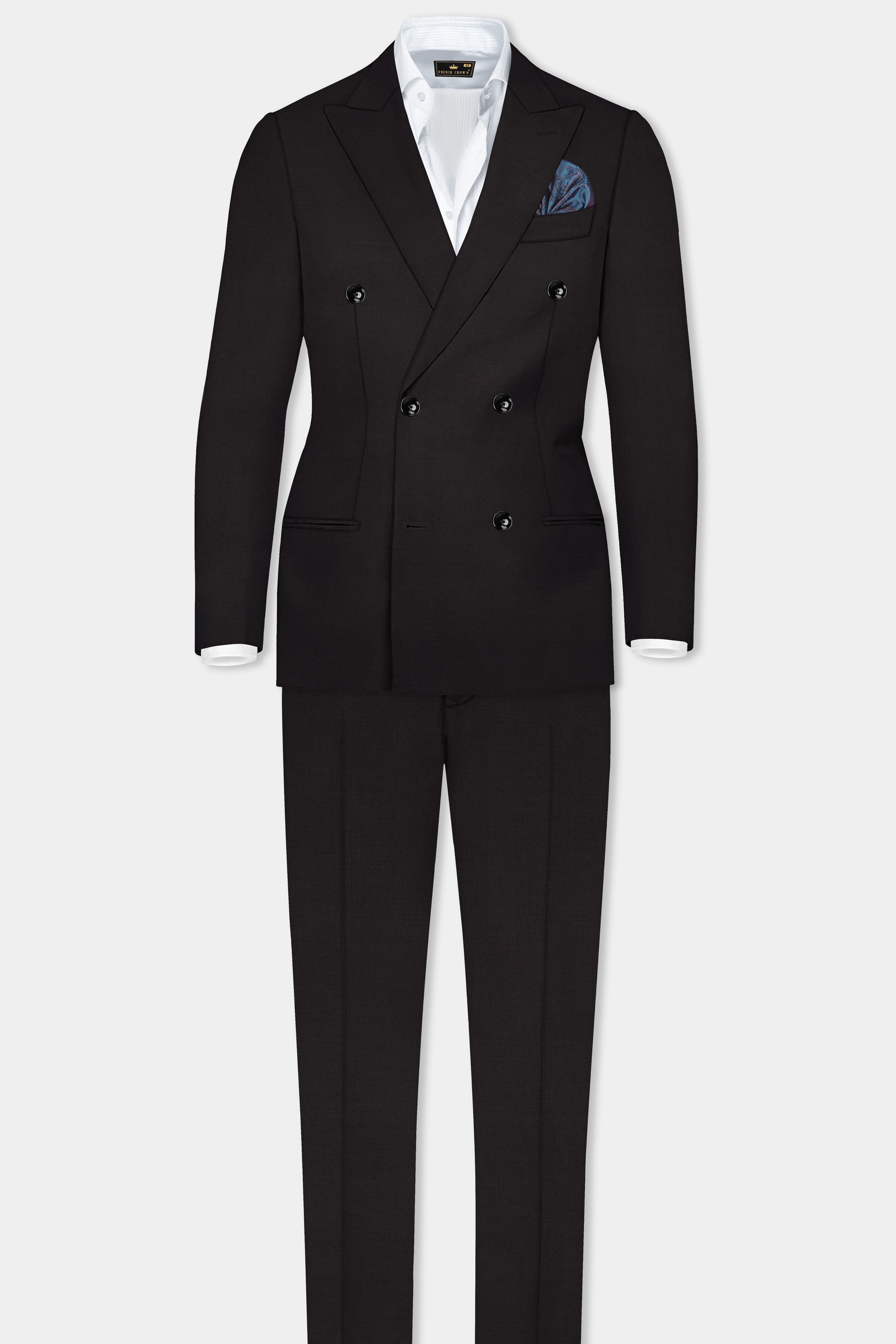 Zeus Black Solid Wool Rich Double Breasted Suit