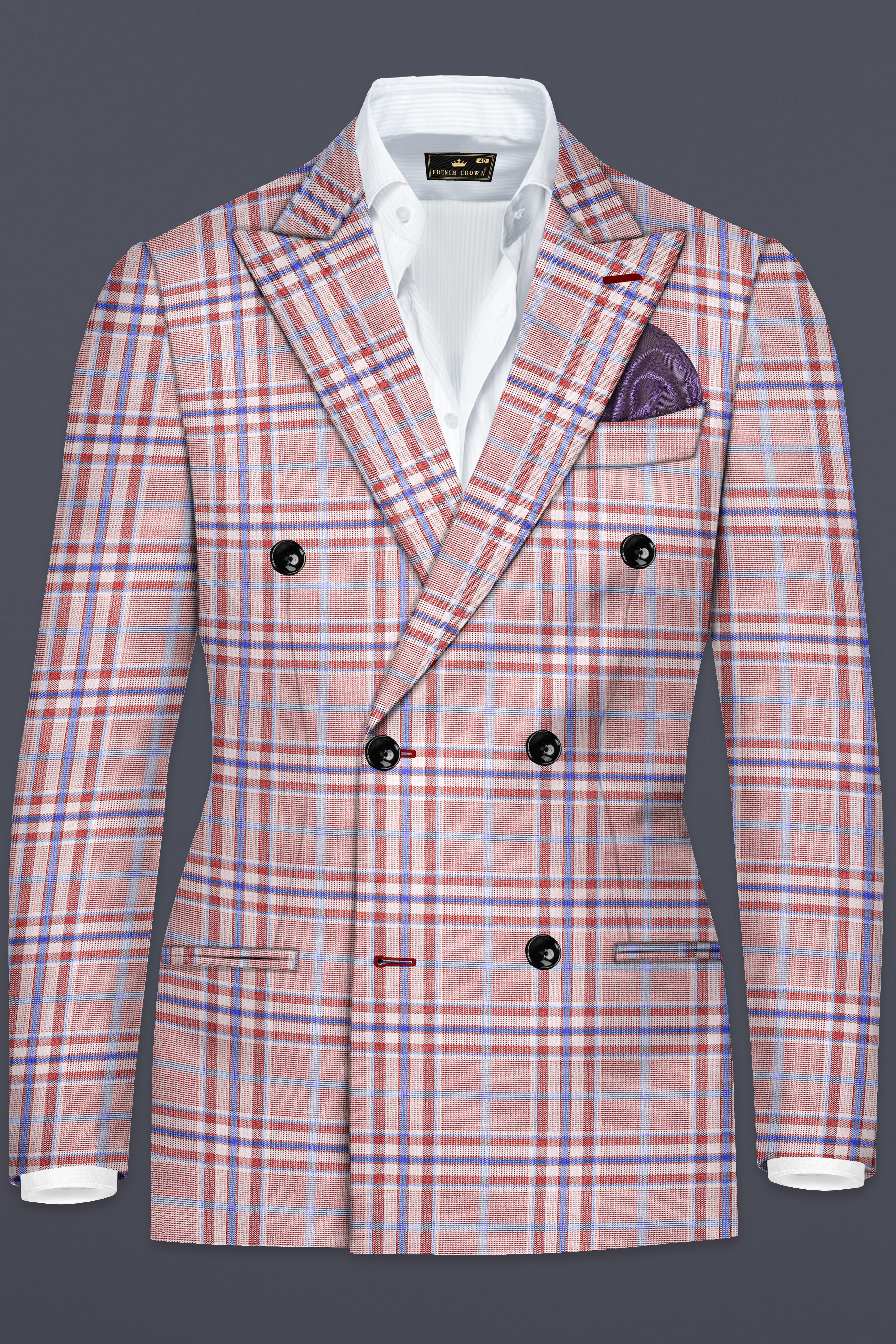 Turkish Rose Pink And Wild Blue Plaid Wool Rich Double Breasted Suit