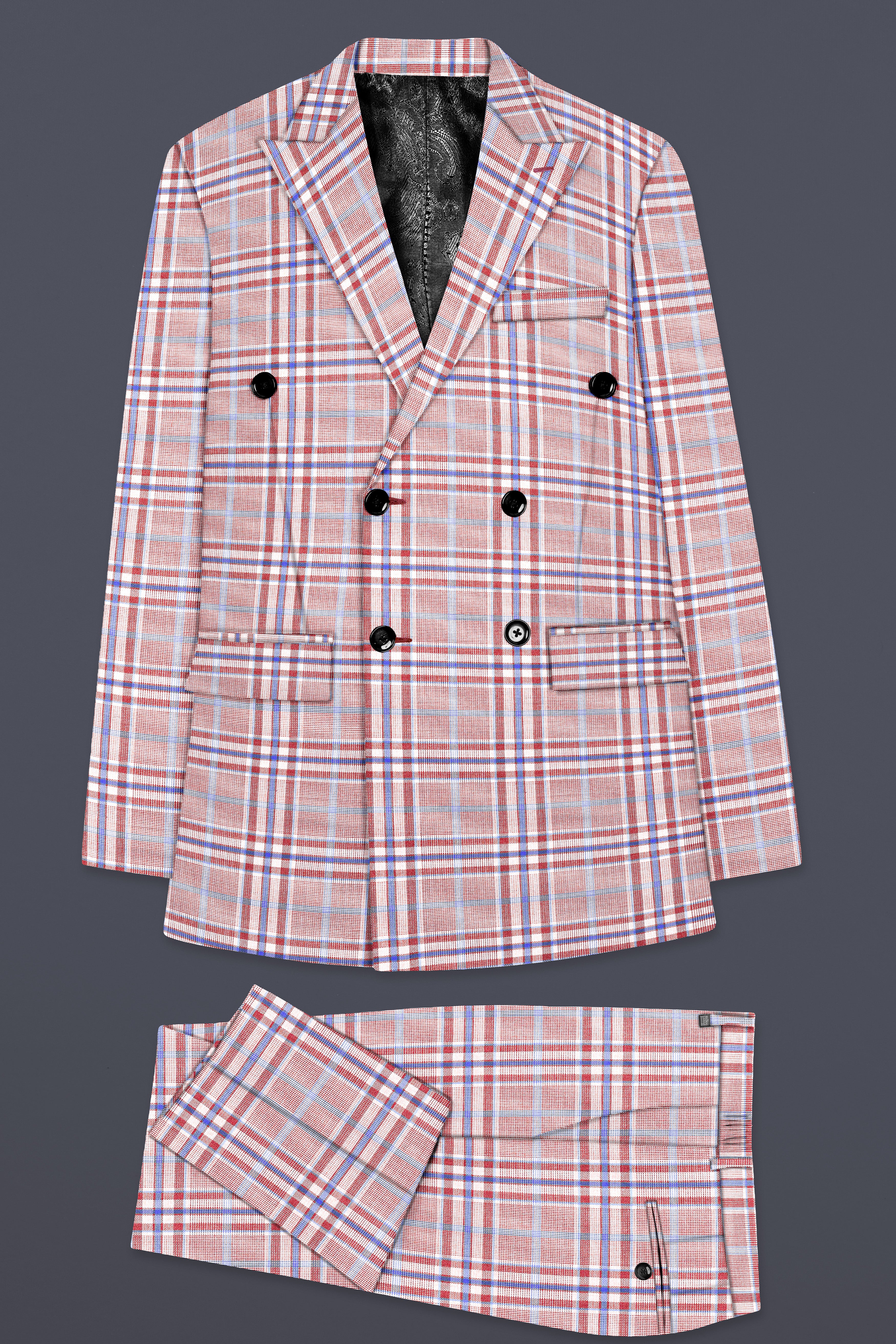 Turkish Rose Pink And Wild Blue Plaid Wool Rich Double Breasted Suit