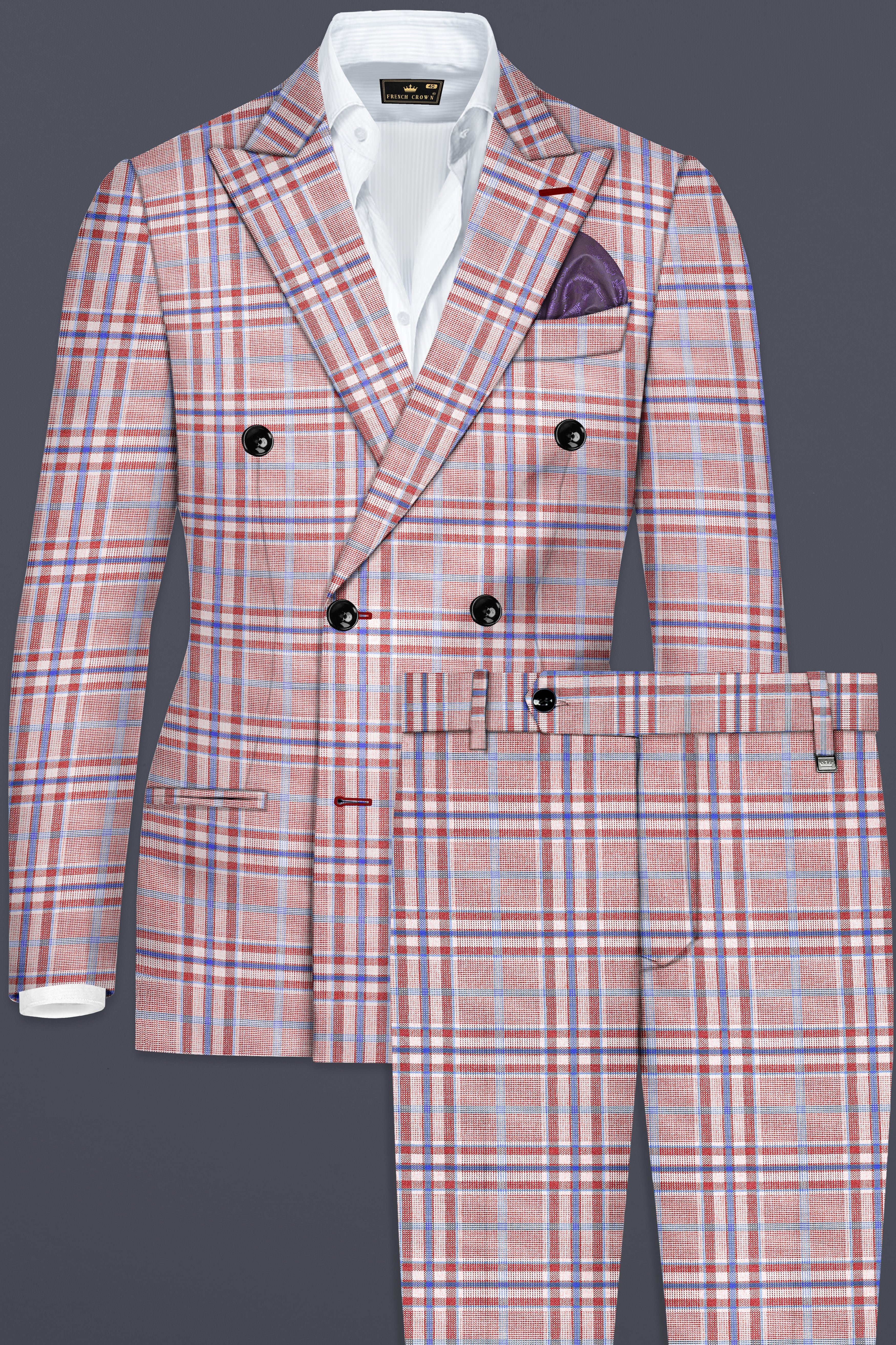 Turkish Rose Pink And Wild Blue Plaid Wool Rich Double Breasted Suit