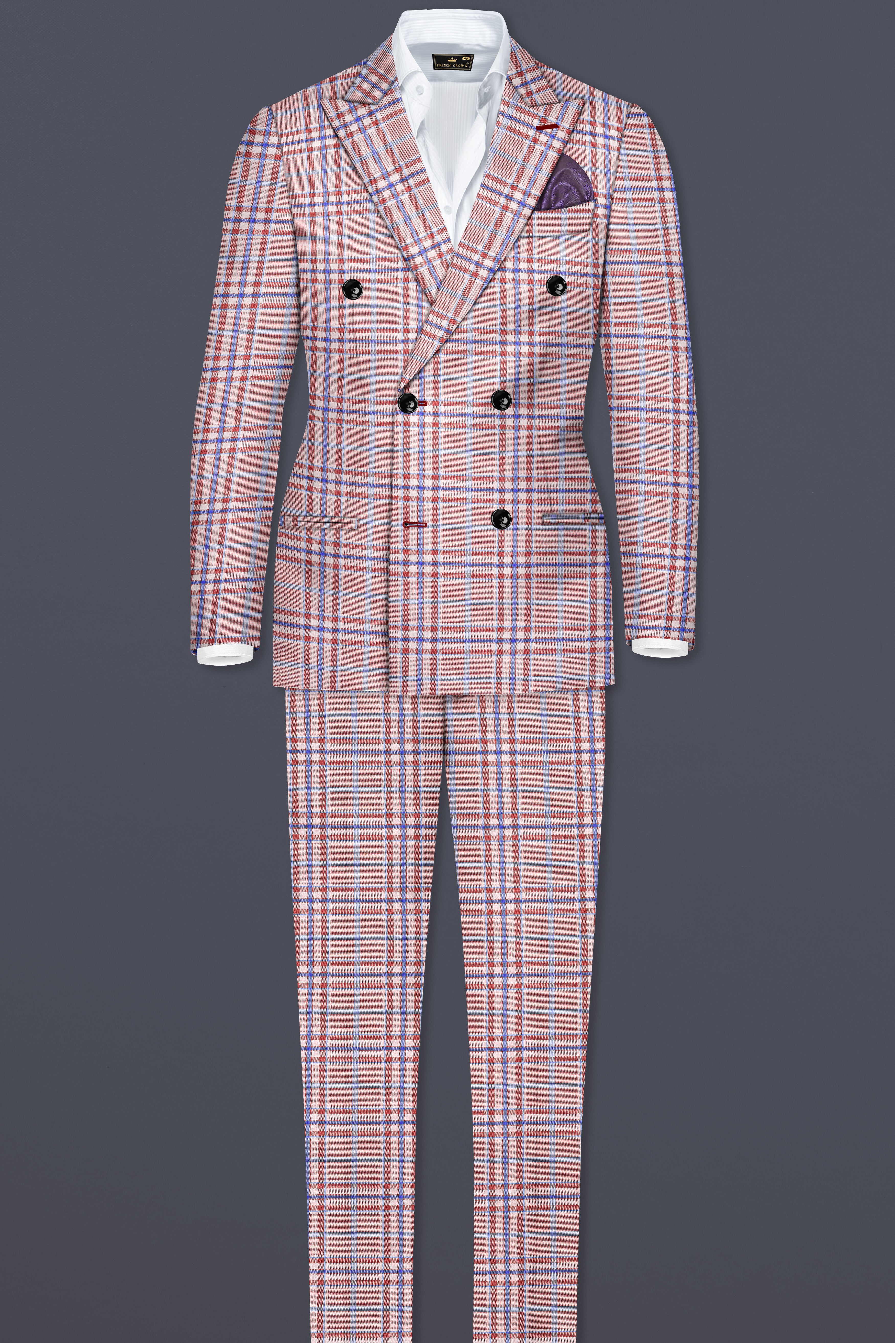 Turkish Rose Pink And Wild Blue Plaid Wool Rich Double Breasted Suit