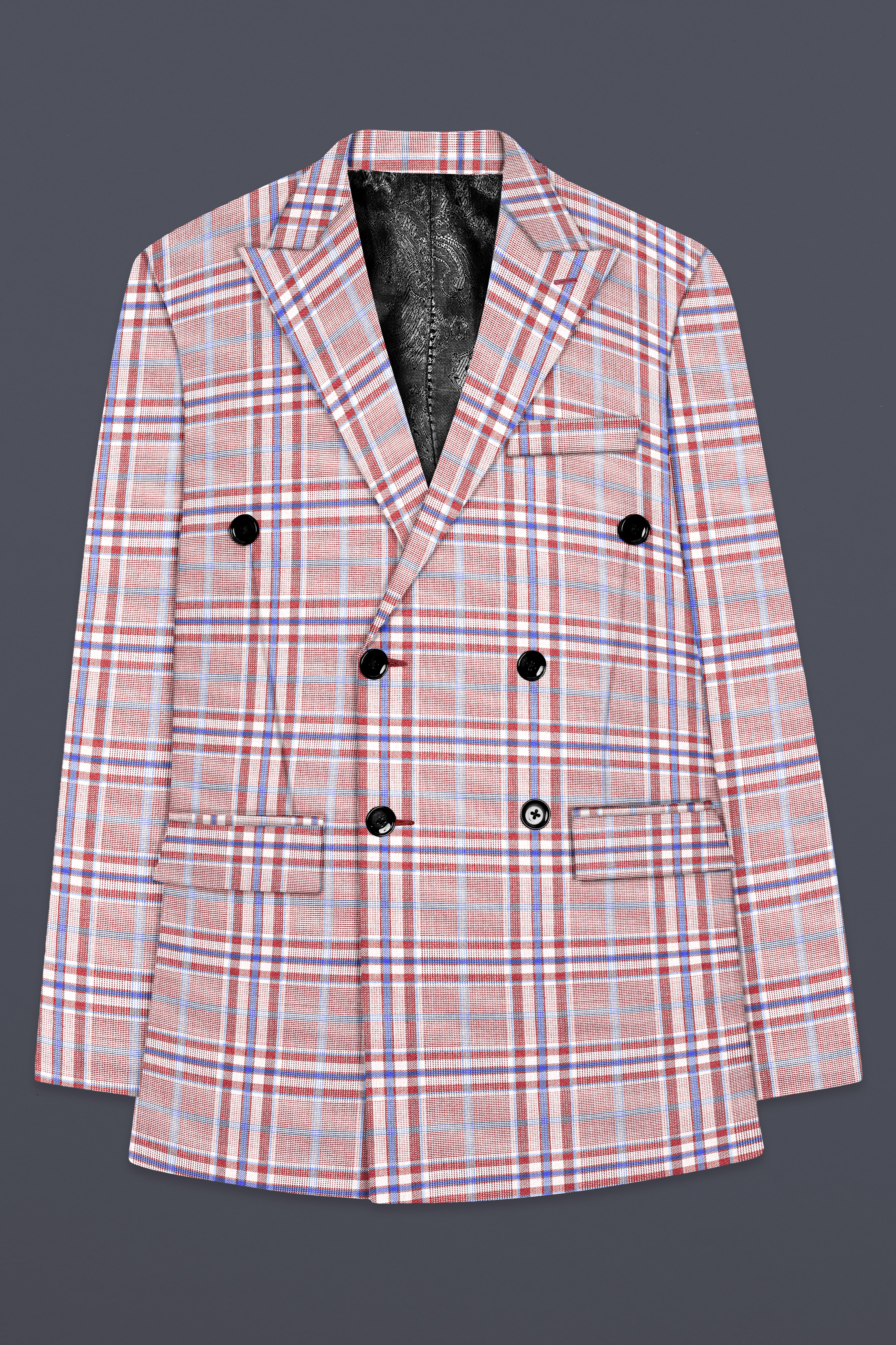 Turkish Rose Pink And Wild Blue Plaid Wool Rich Double Breasted Suit