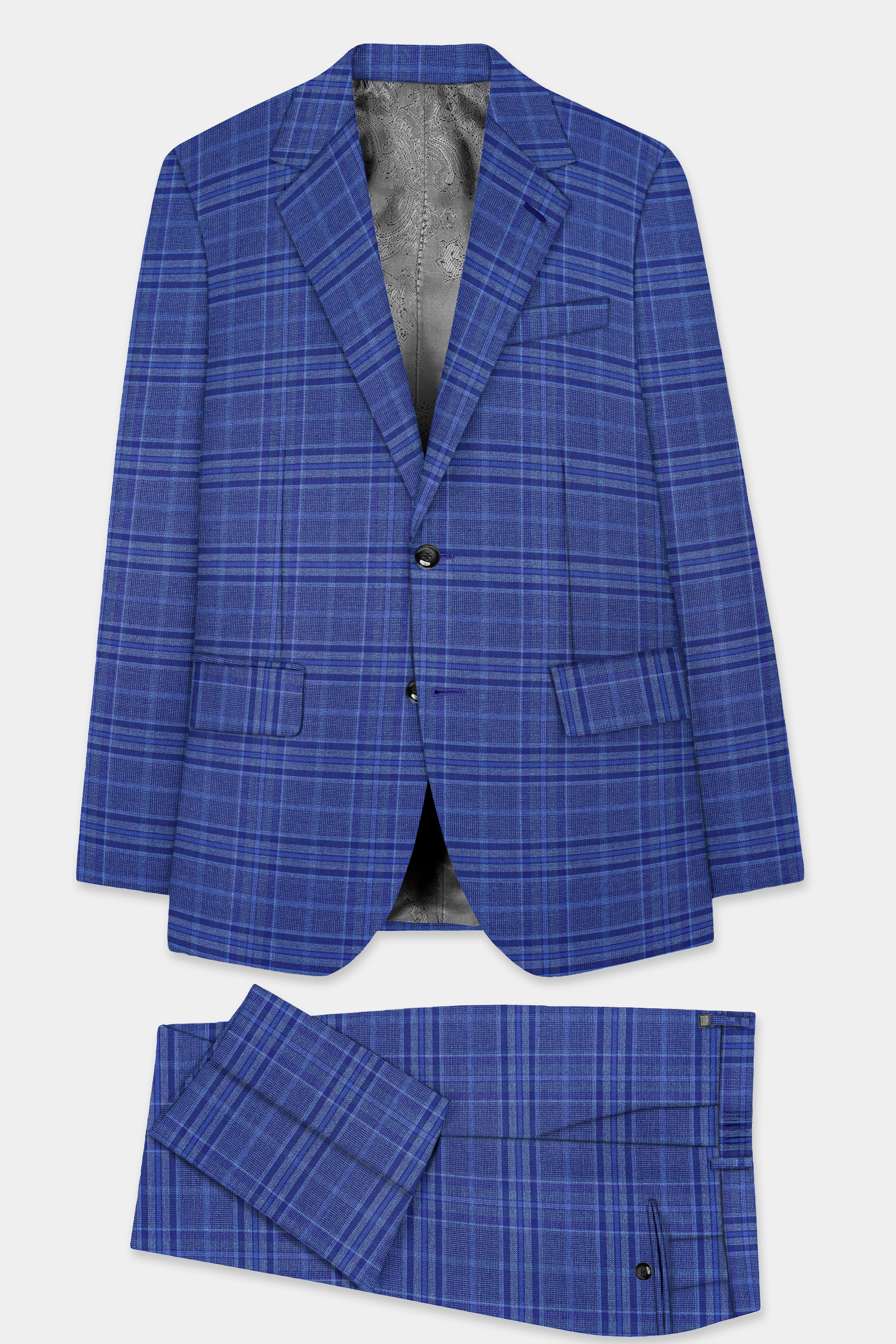 Chambray Blue Plaid Wool Rich Single Breasted Suit