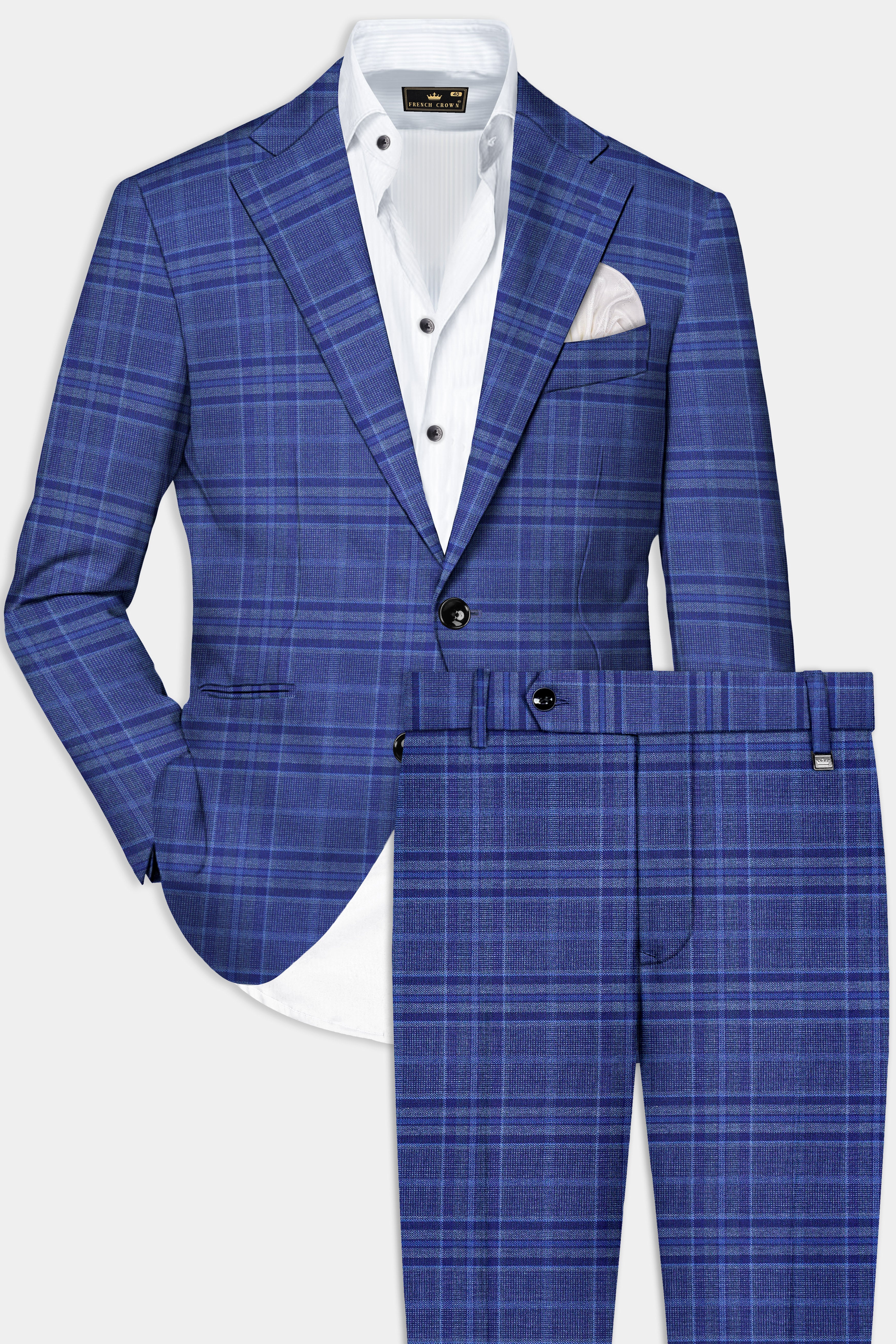 Chambray Blue Plaid Wool Rich Single Breasted Suit