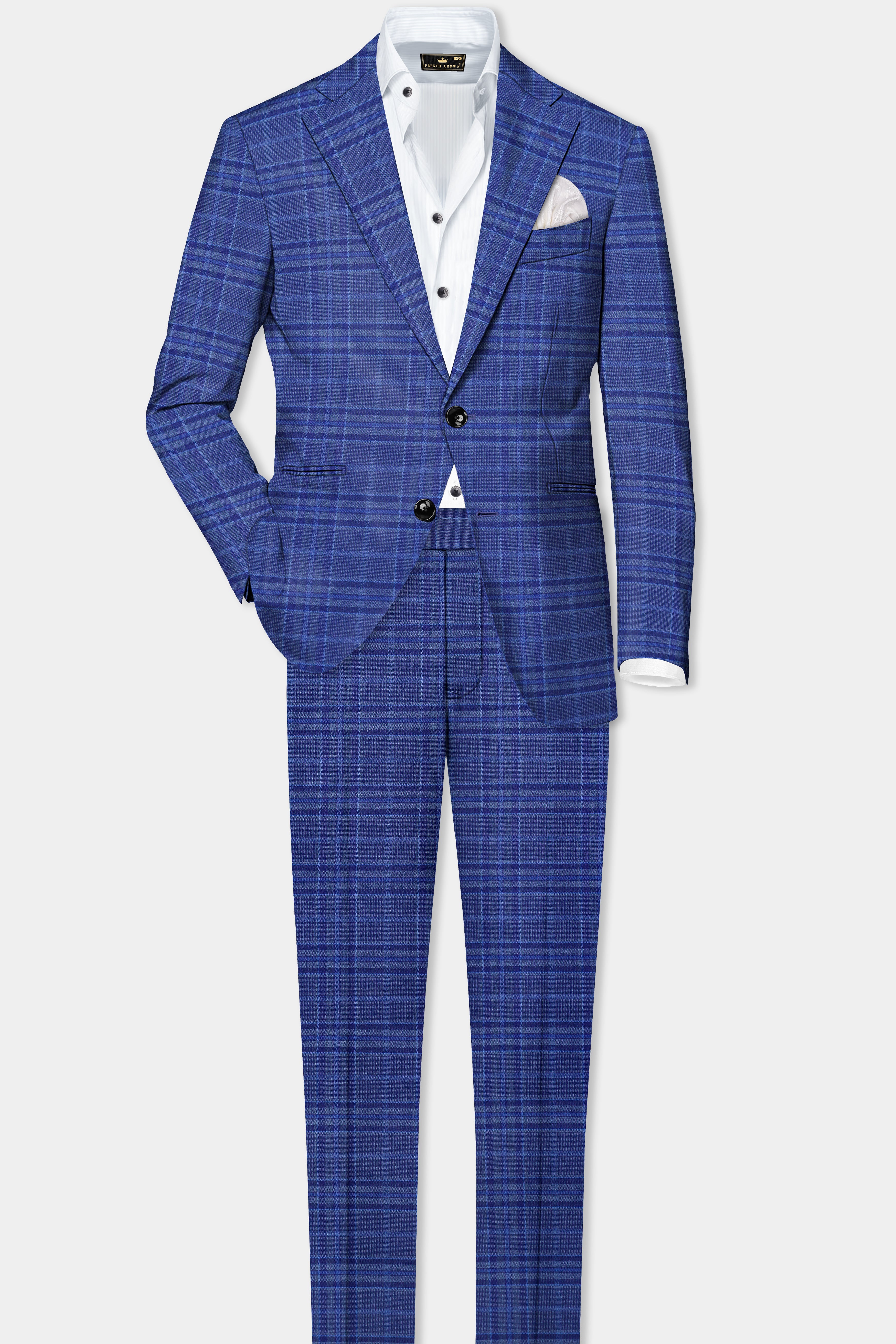 Chambray Blue Plaid Wool Rich Single Breasted Suit