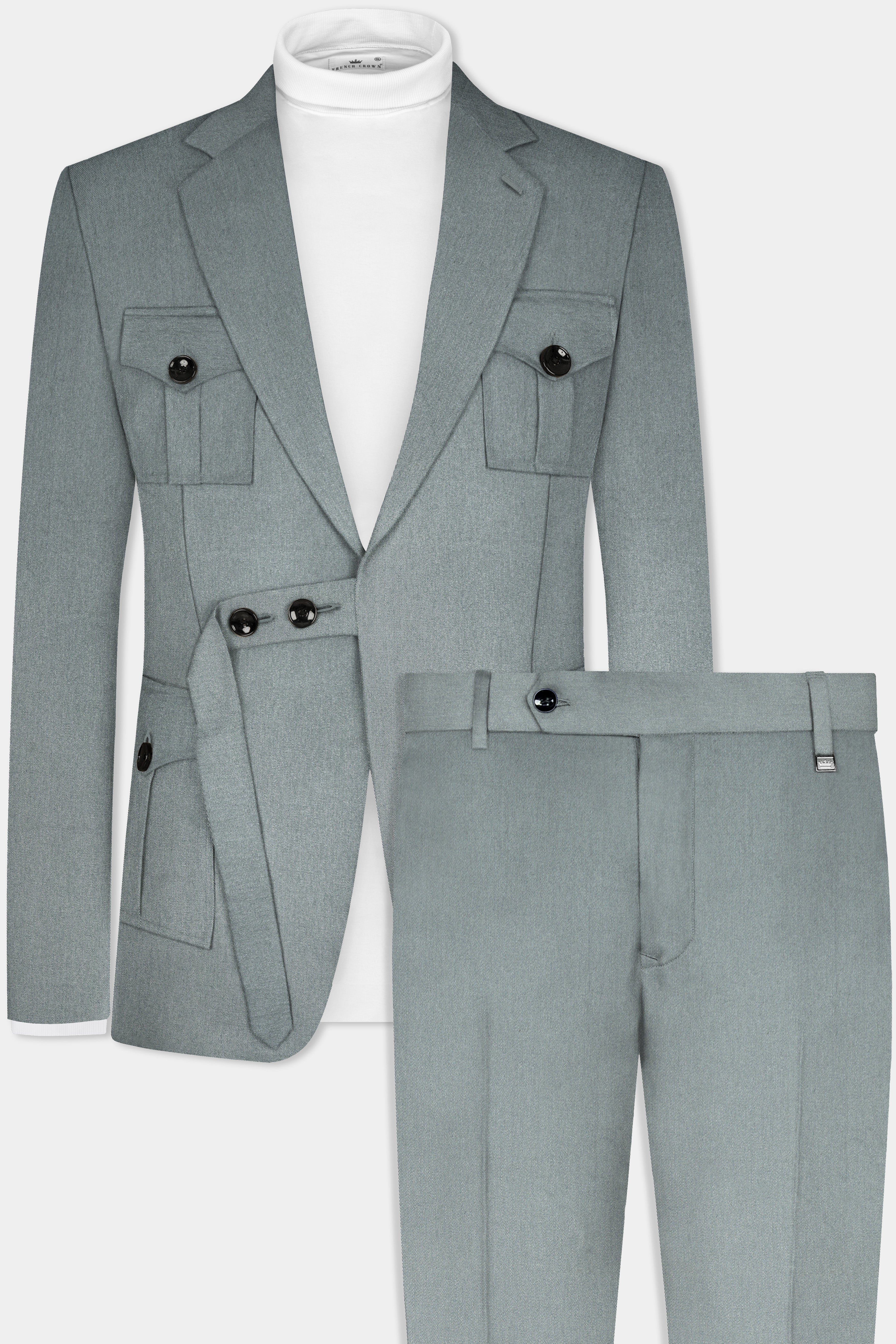 Smokey Gray Solid Cotton Belt Closure Designer Suit