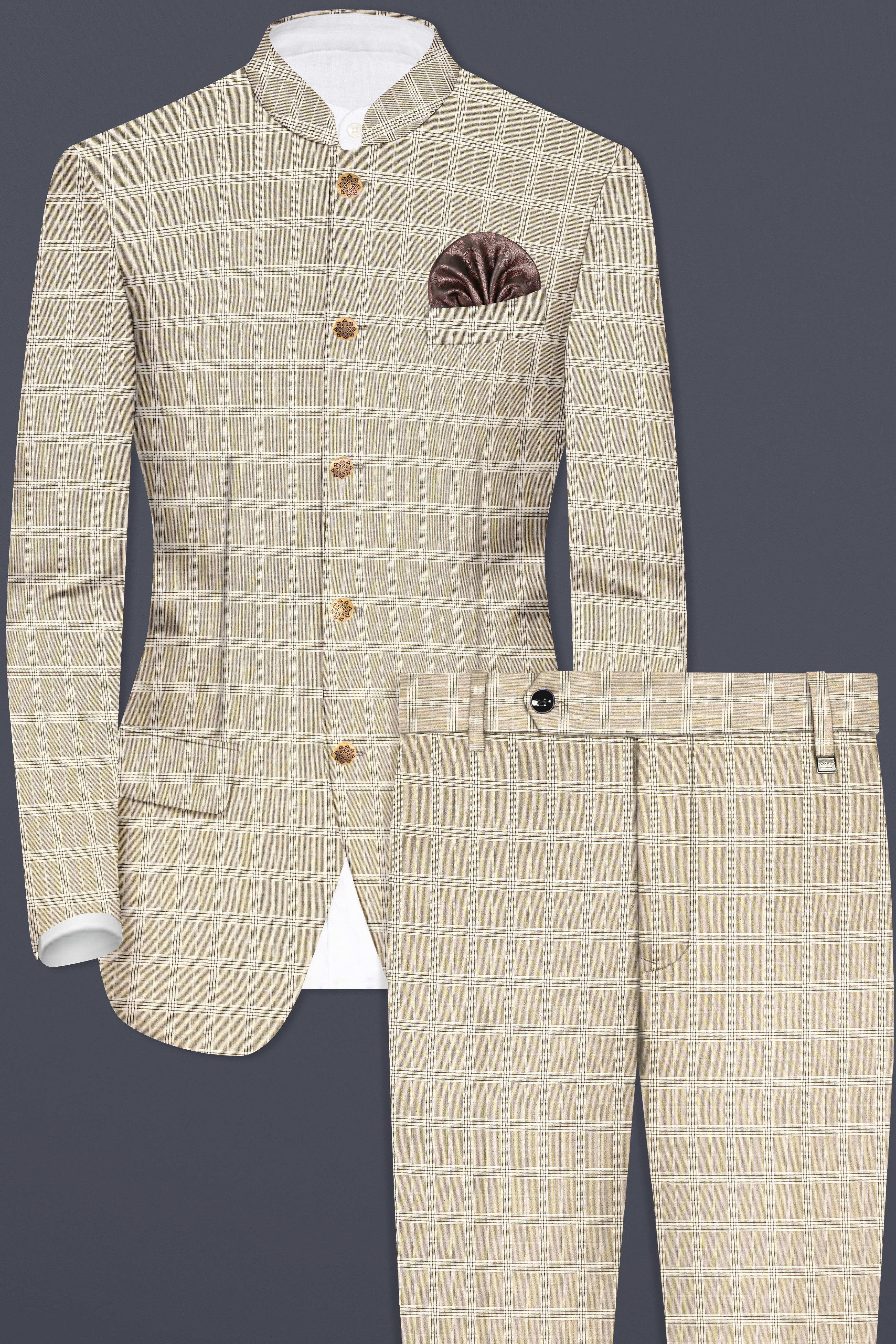 Eagle Cream Plaid Wool Rich Bandhgala Suit