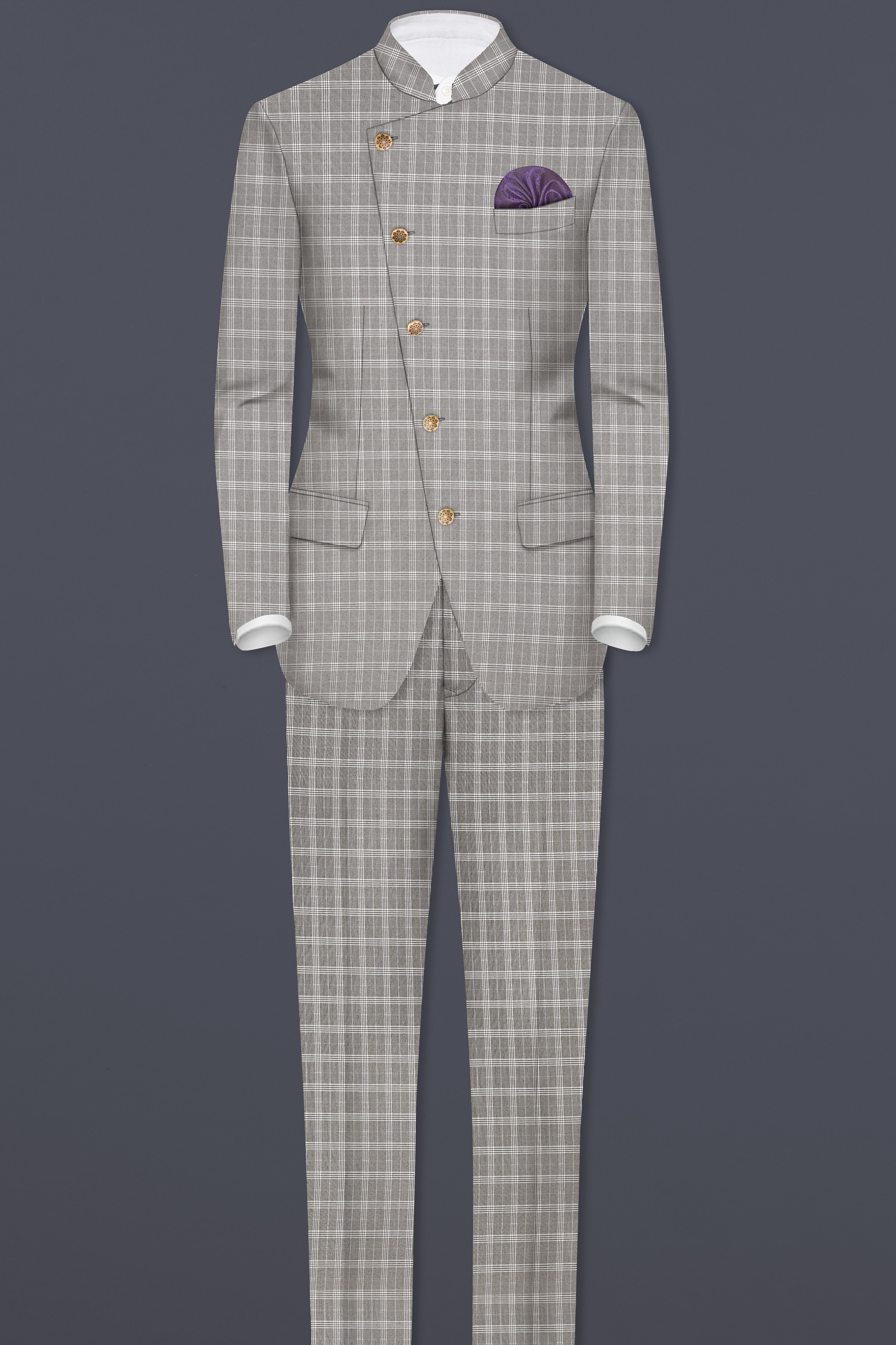 Venus Gray Plaid Wool Rich Cross Placket Bandhgala Suit