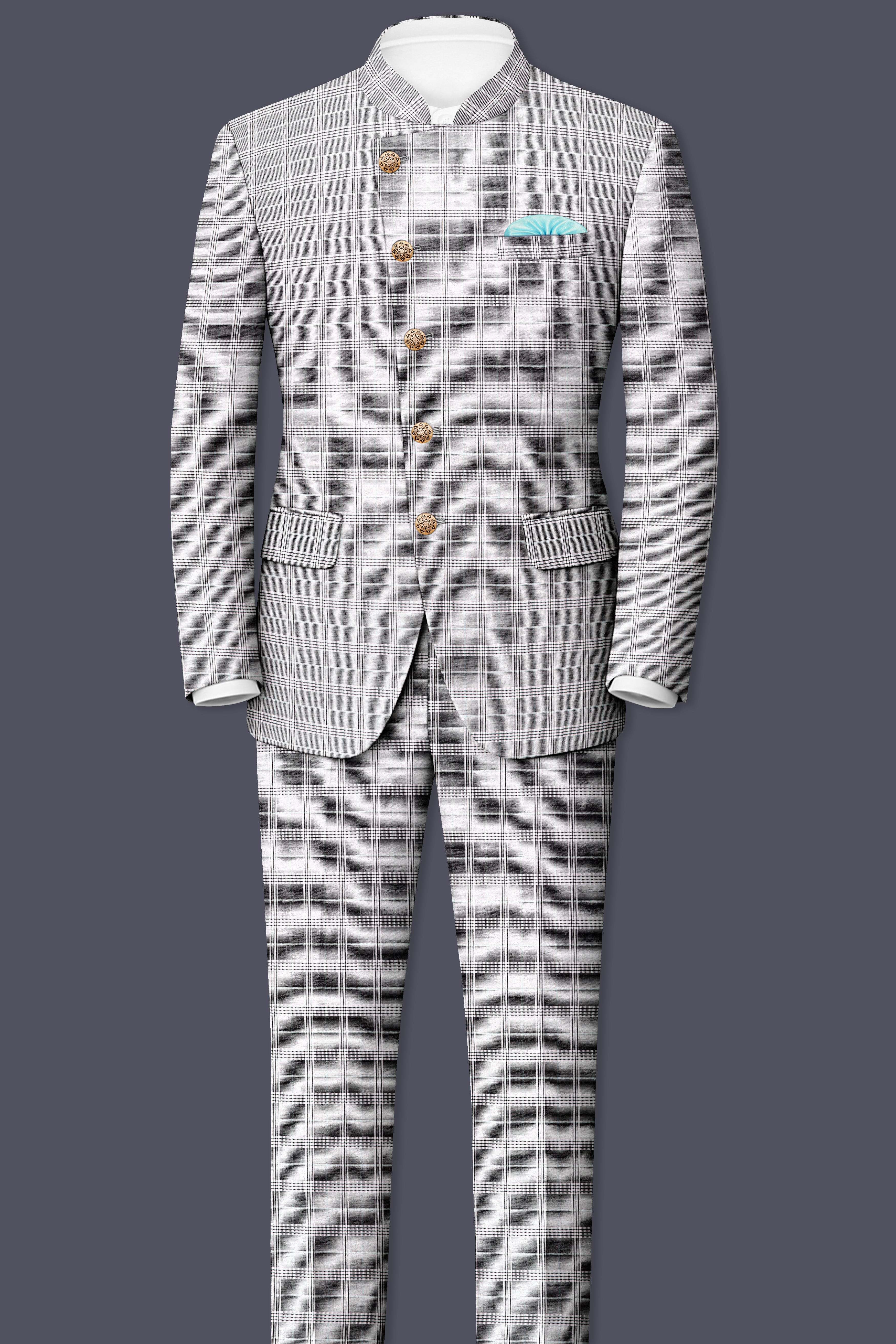 Venus Gray Plaid Wool Rich Cross Placket Bandhgala Suit