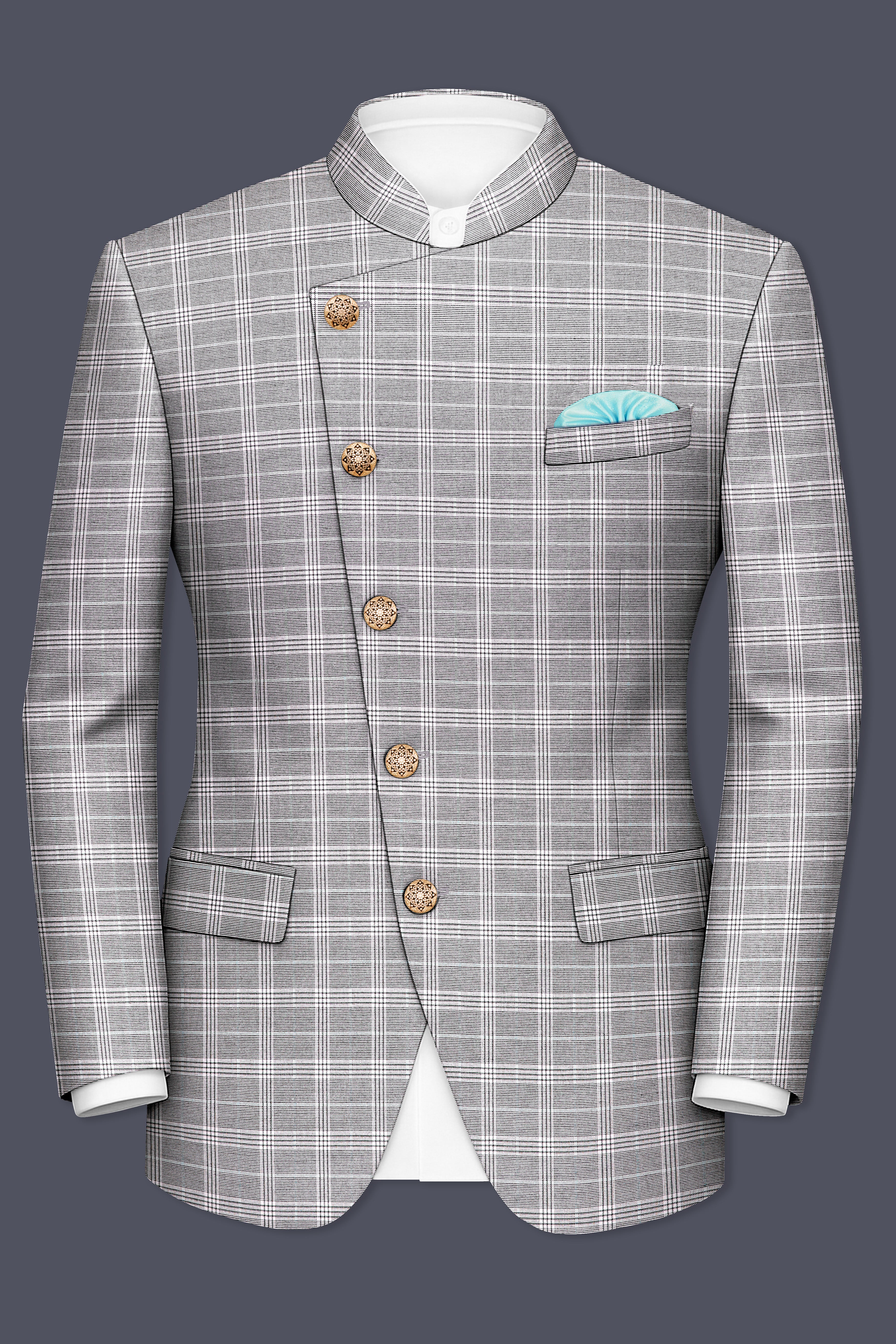 Venus Gray Plaid Wool Rich Cross Placket Bandhgala Suit
