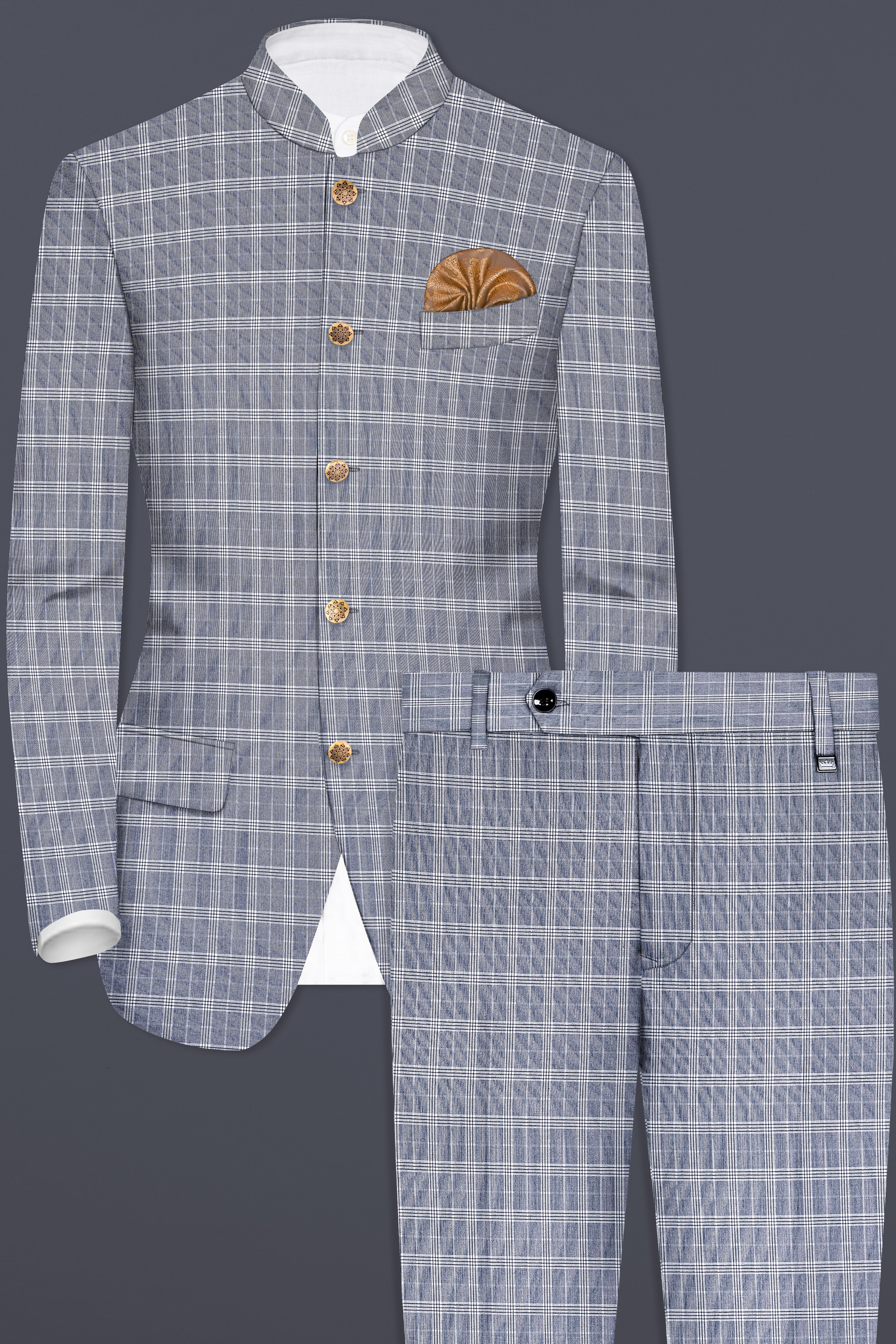 Mountain Mist Blue Plaid Wool Rich Bandhgala Suit