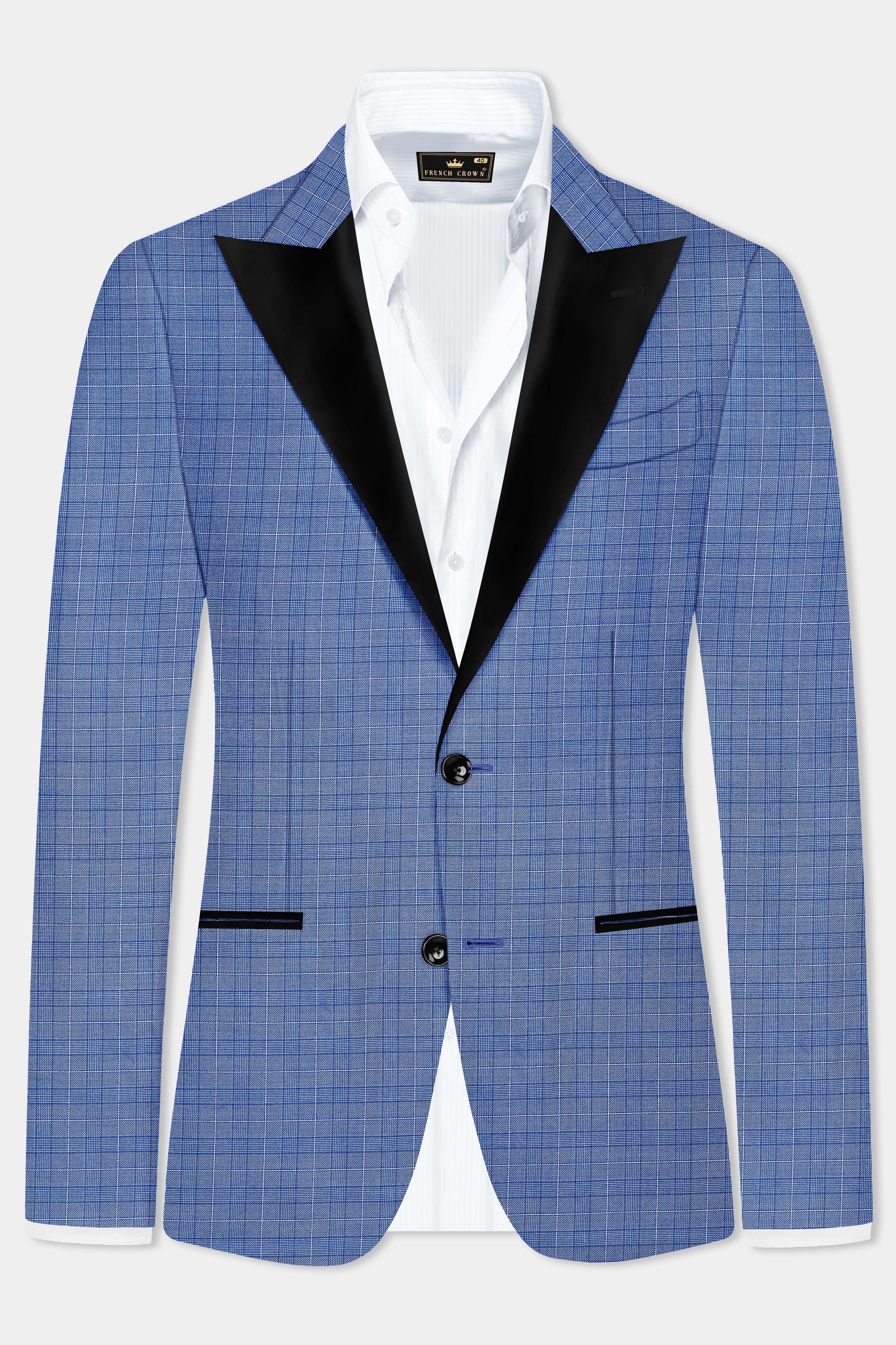 Indigo Blue Plain Wool Rich Peak Collar Tuxedo Suit