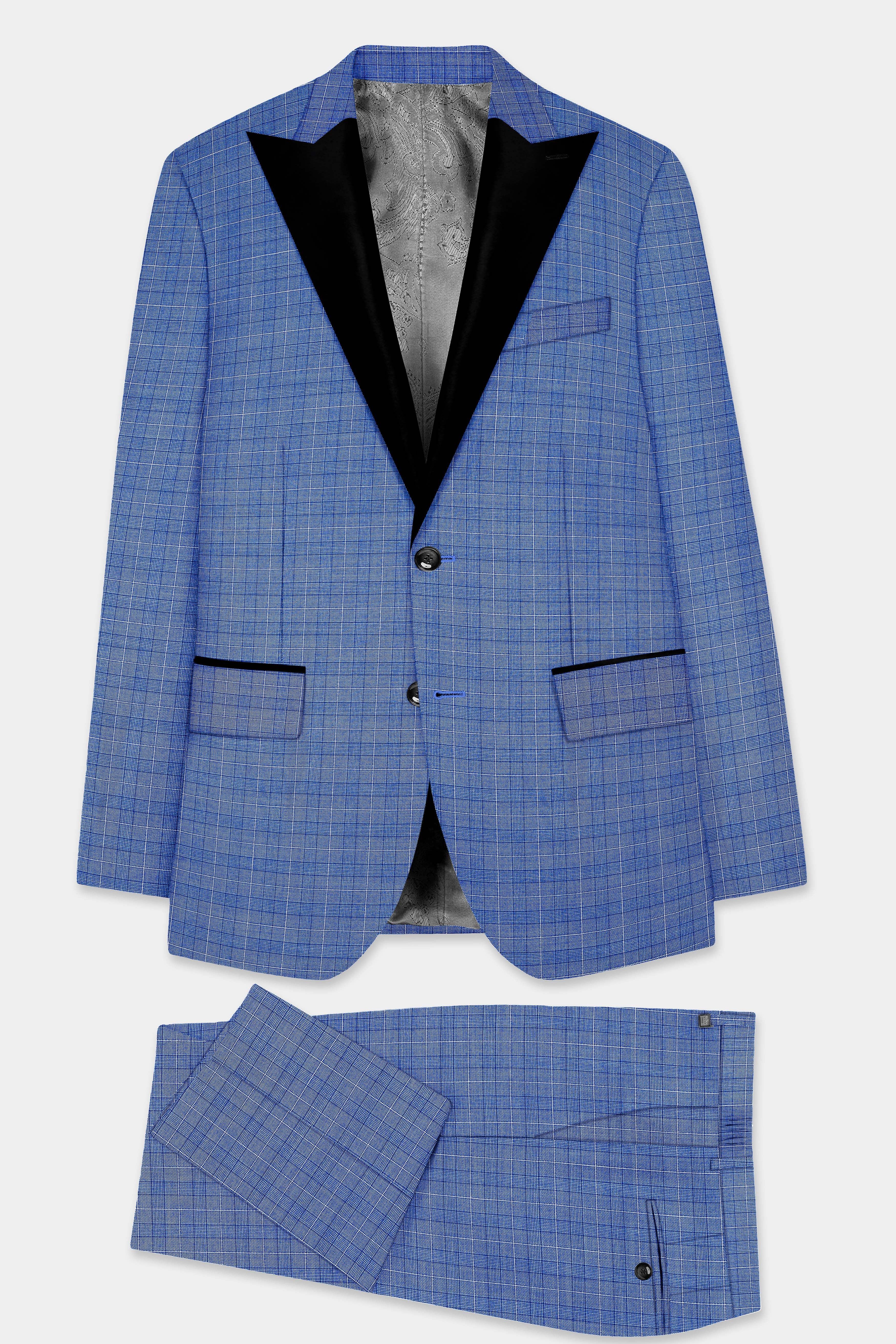 Indigo Blue Plain Wool Rich Peak Collar Tuxedo Suit