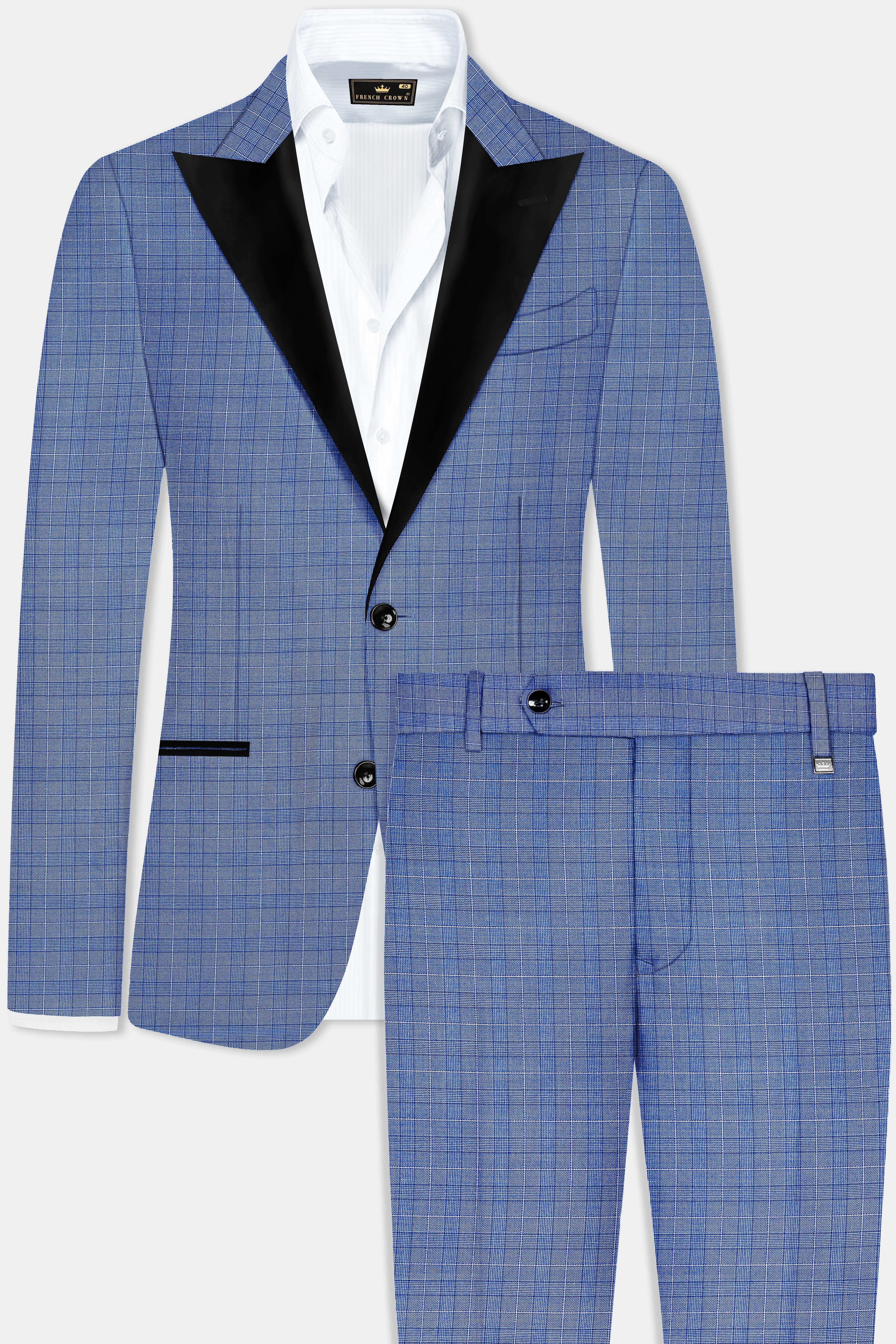 Indigo Blue Plain Wool Rich Peak Collar Tuxedo Suit