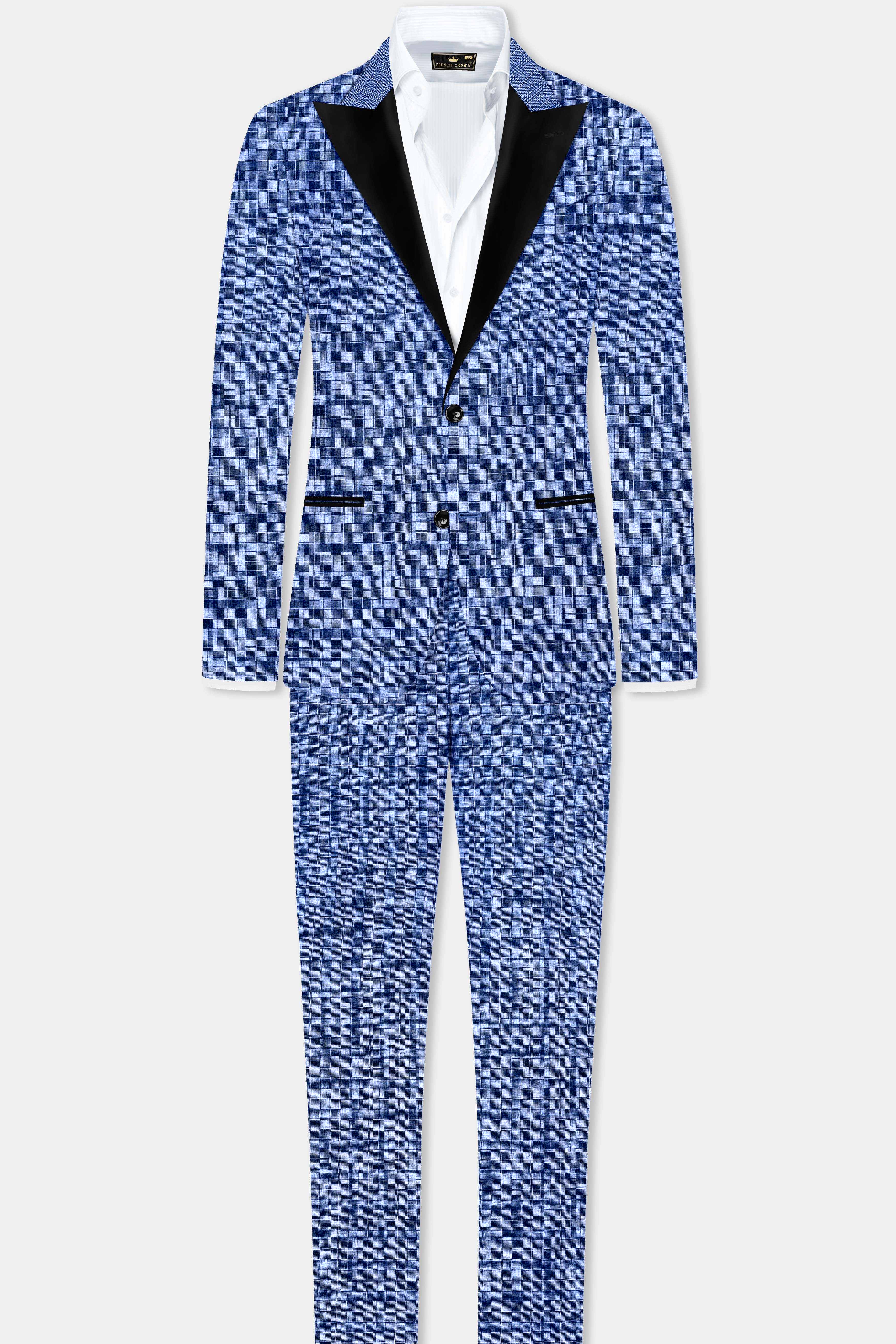 Indigo Blue Plain Wool Rich Peak Collar Tuxedo Suit