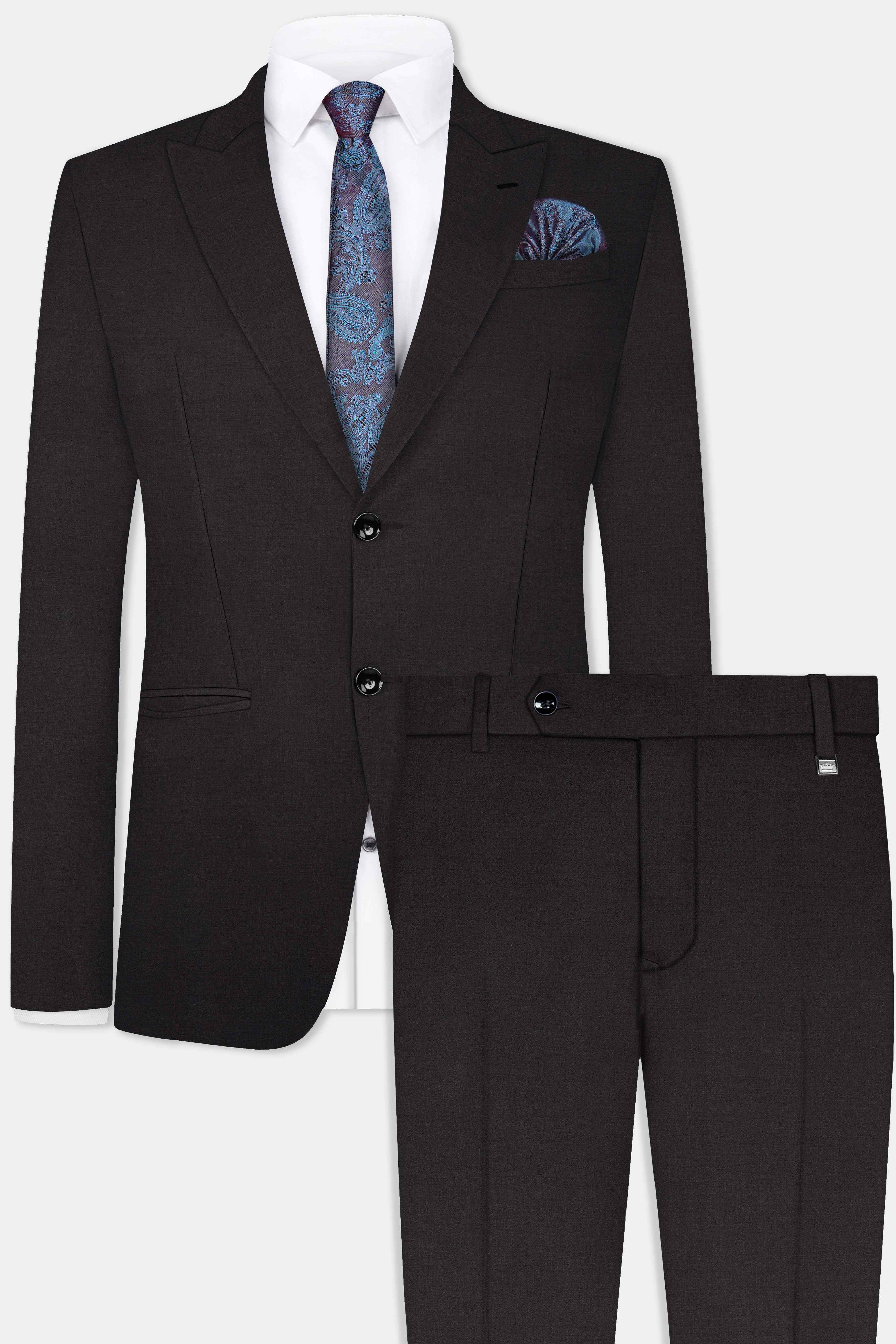 Zeus Black Solid Wool Rich Single Breasted Suit